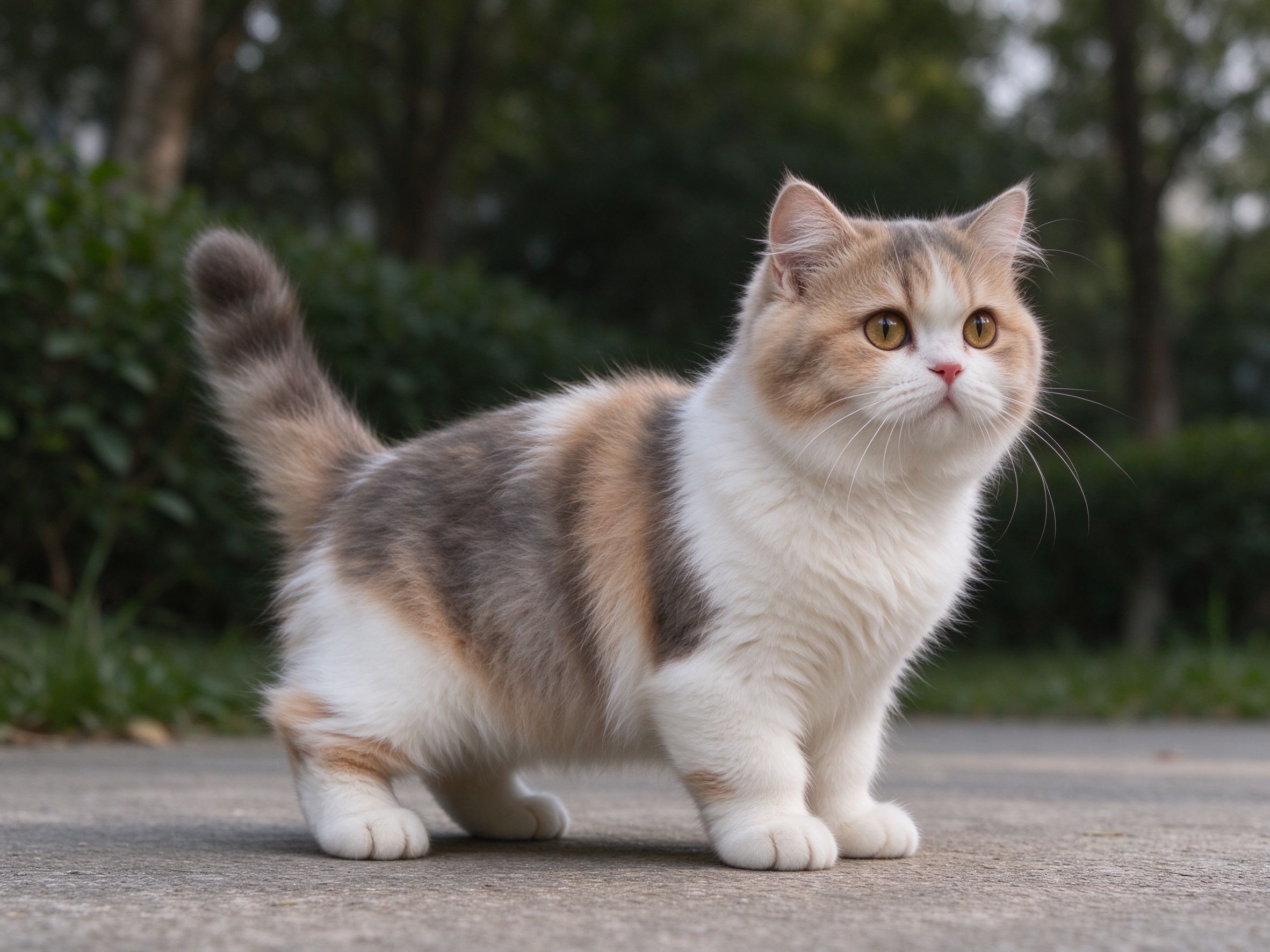 短腿曼基康矮脚猫身体长腿短站着毛蓬松的猫咪品种图片