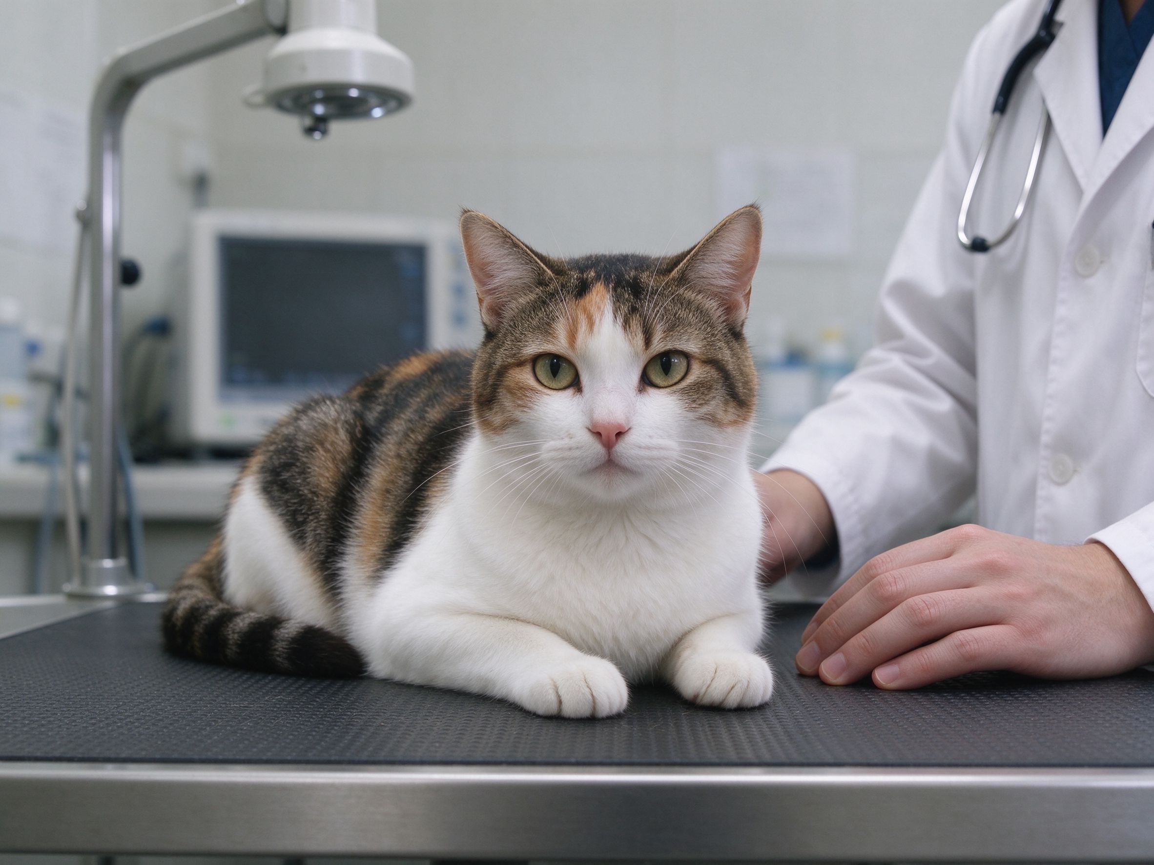 猫安静趴在宠物医院诊疗台上旁边医生手的猫咪健康图片
