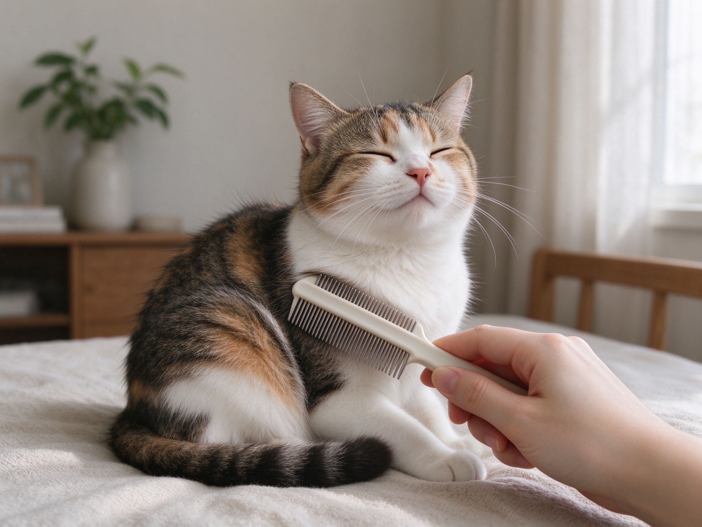 手拿排梳给猫梳毛猫舒服眯眼的猫咪健康图片