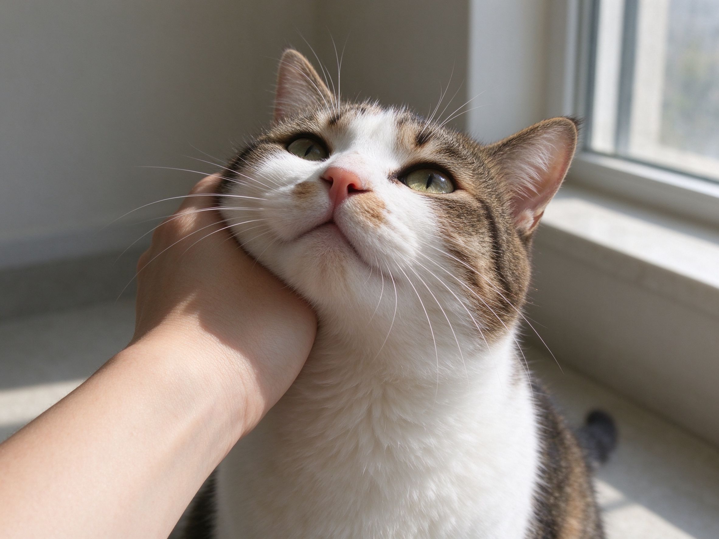 猫抬头用脸颊和脑袋蹭人手背表达亲近的猫咪行为图片