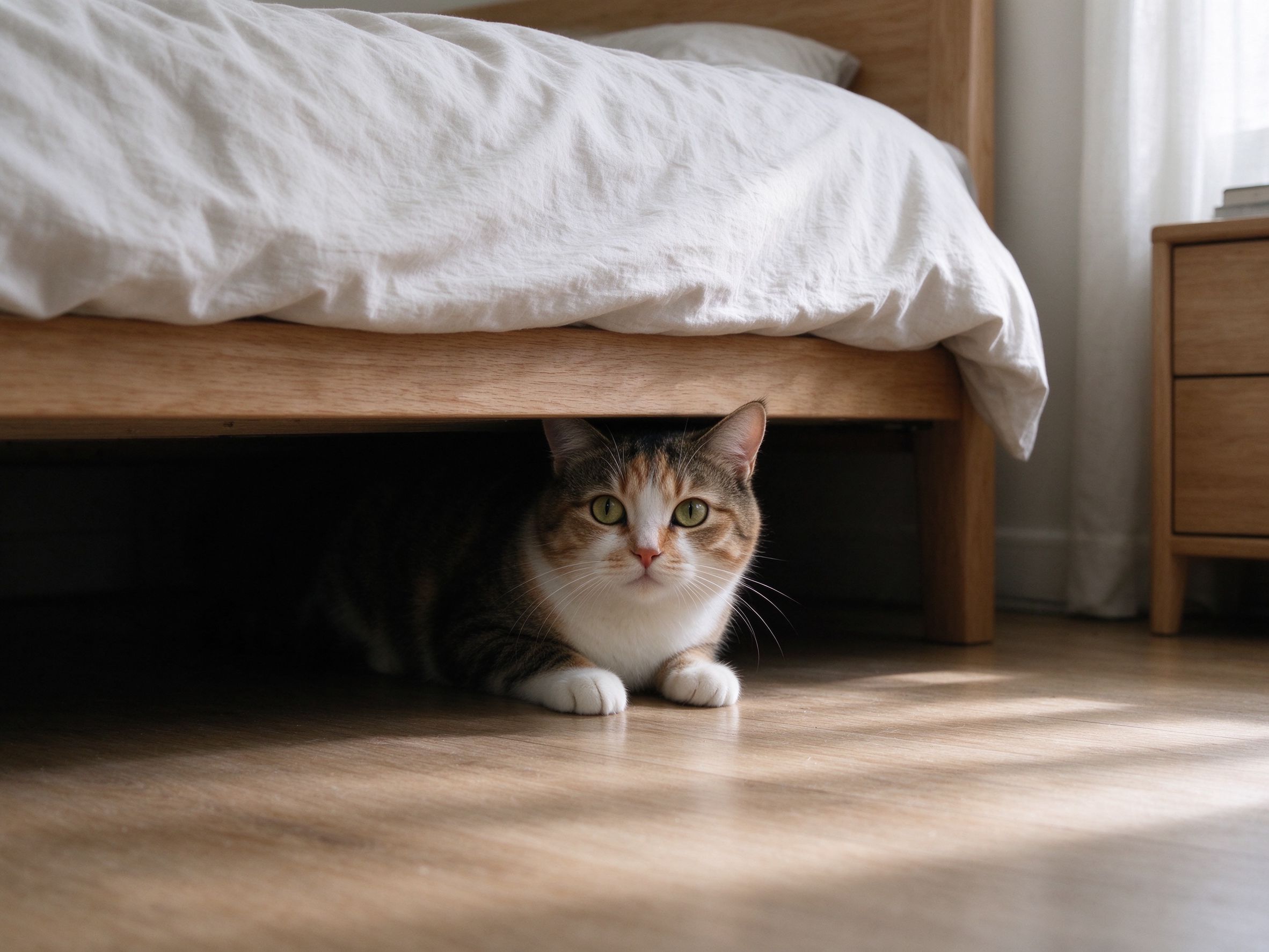 猫从床底下黑暗处探出头看着外面的猫咪行为图片