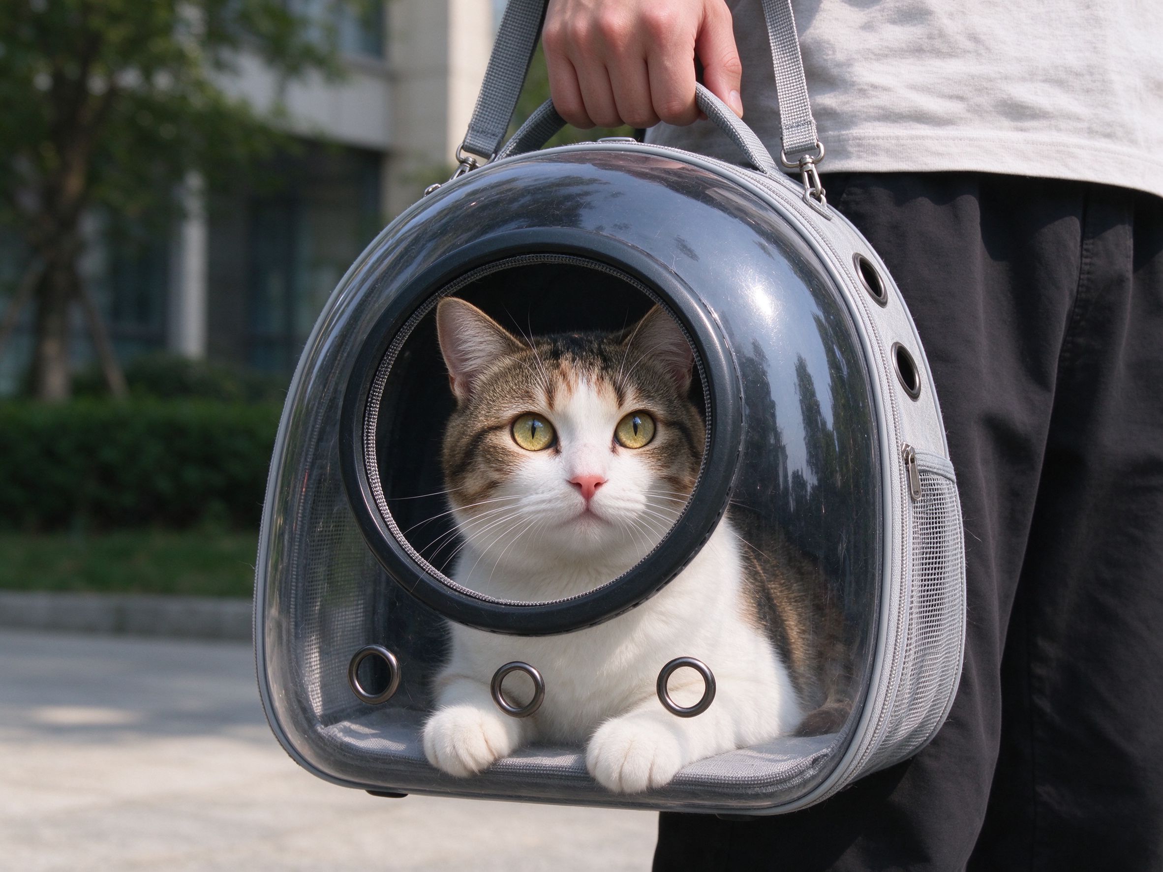 透明太空舱猫包里一只猫探出头旁边人提着的猫咪用品图片