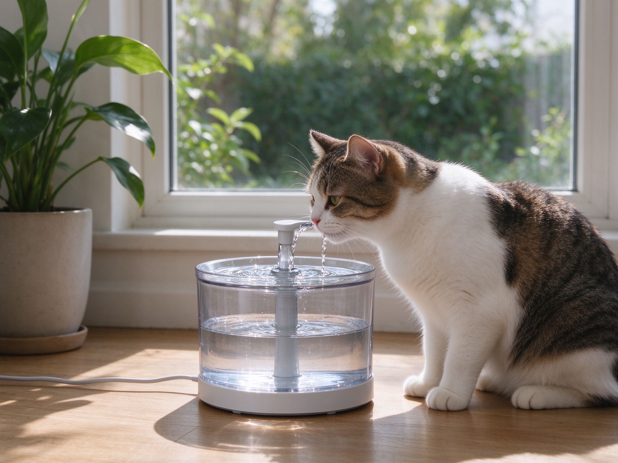 循环流动宠物饮水机放地板上旁边猫凑过来喝水的猫咪用品图片