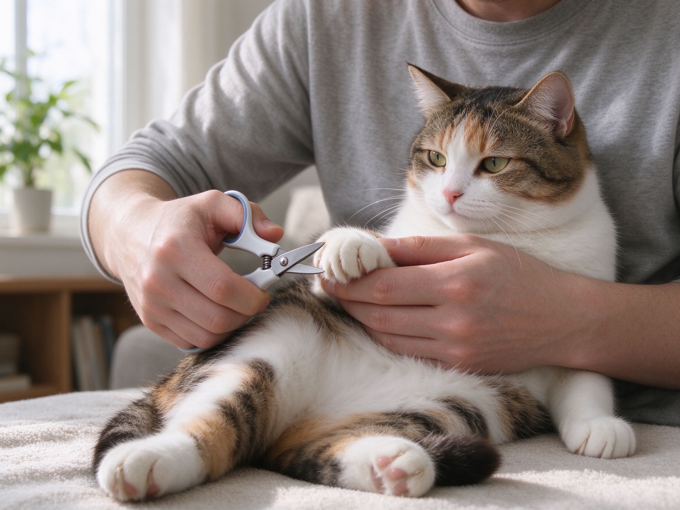 人抱着猫用指甲剪给猫剪爪子猫安静趴着的猫咪用品图片
