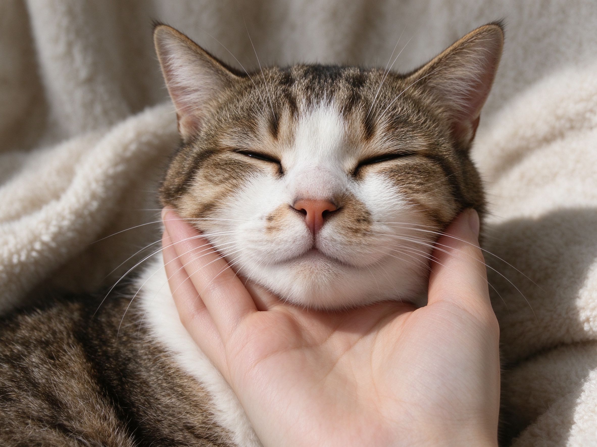 人手轻轻抚摸猫下巴脸颊猫舒服眯眼的猫咪行为图片