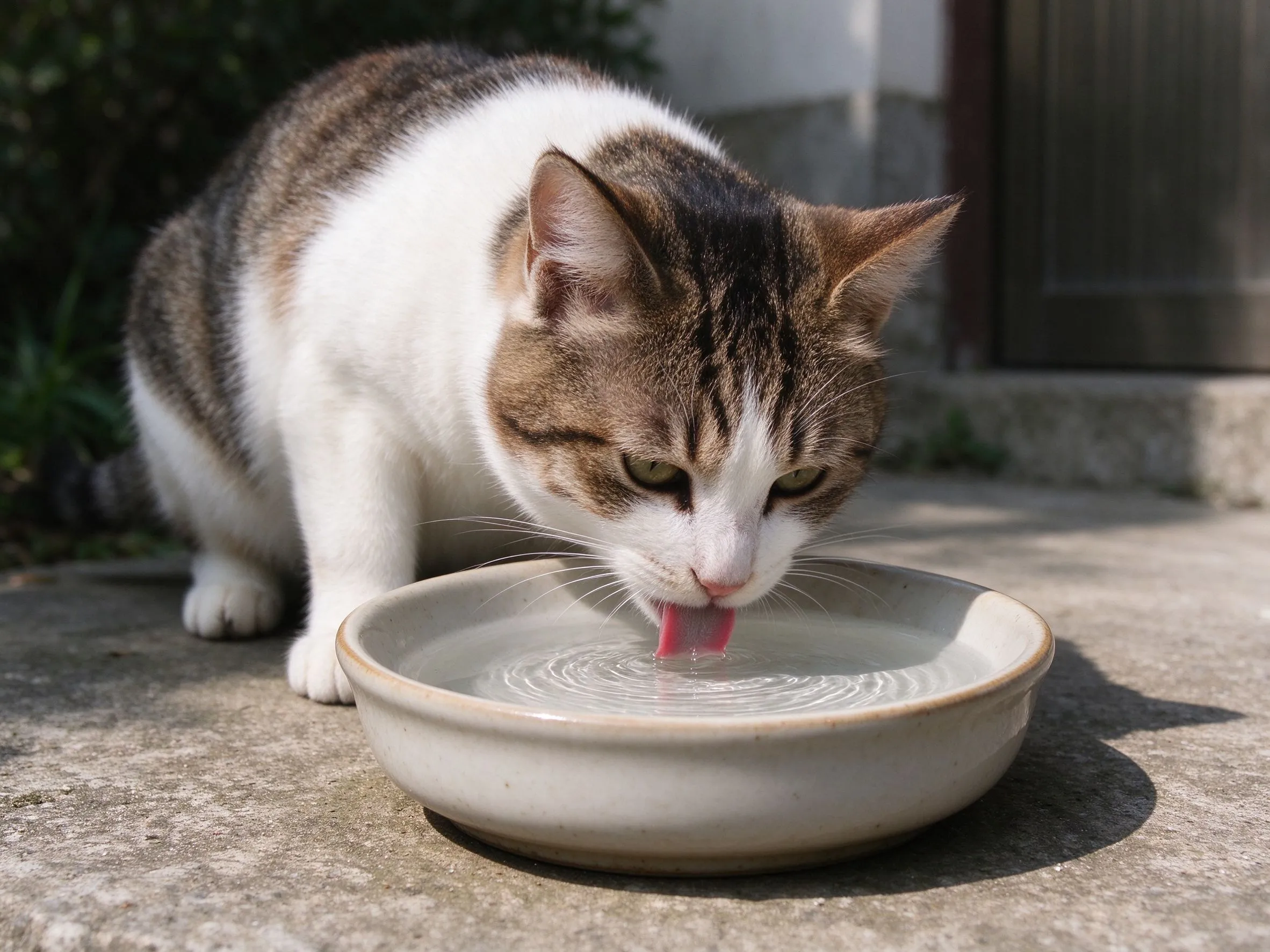 一只猫低头舔陶瓷水碗里清水的猫咪喂养图片