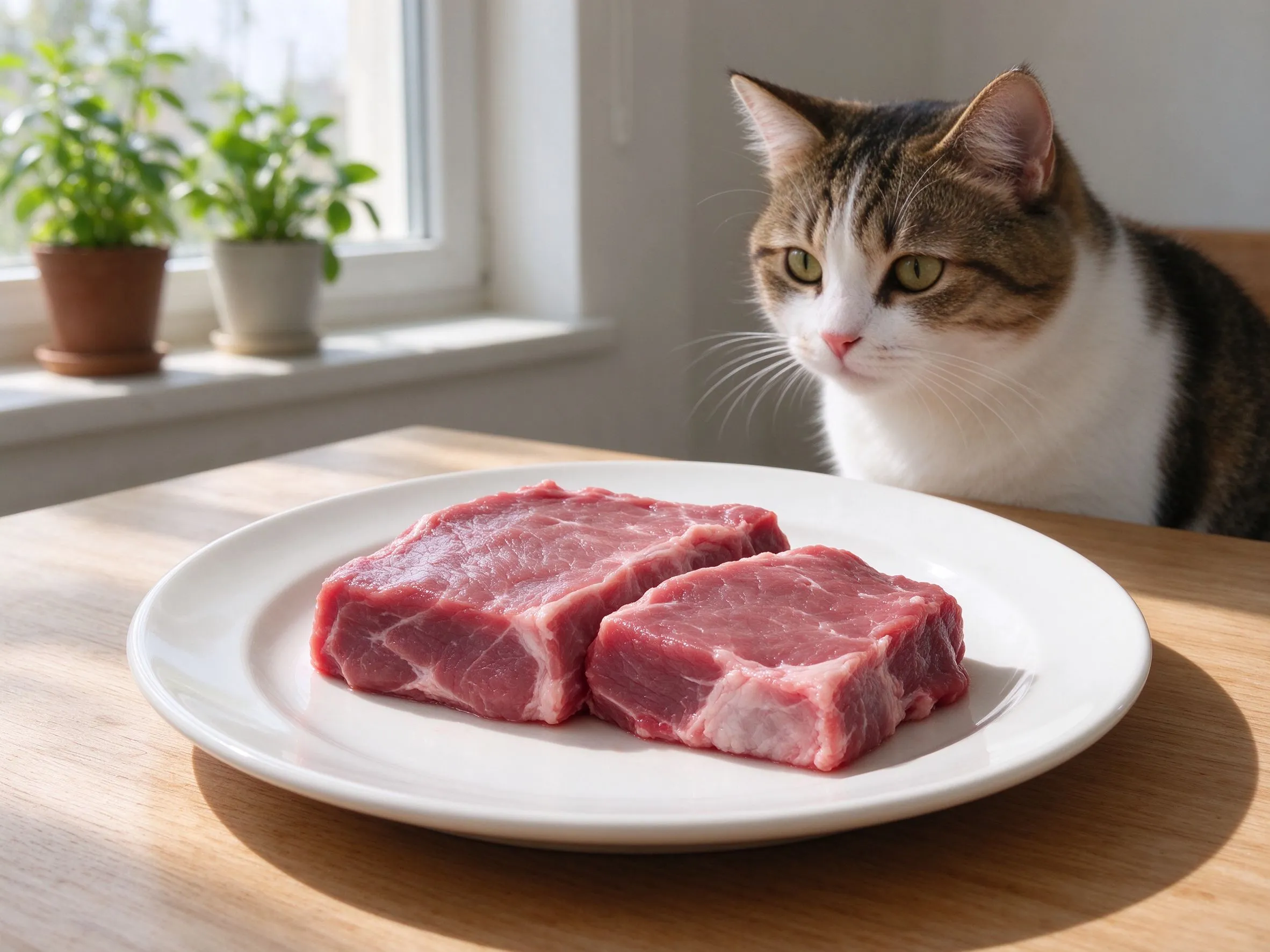 白盘子装新鲜生肉块旁边猫看着的猫咪喂养图片