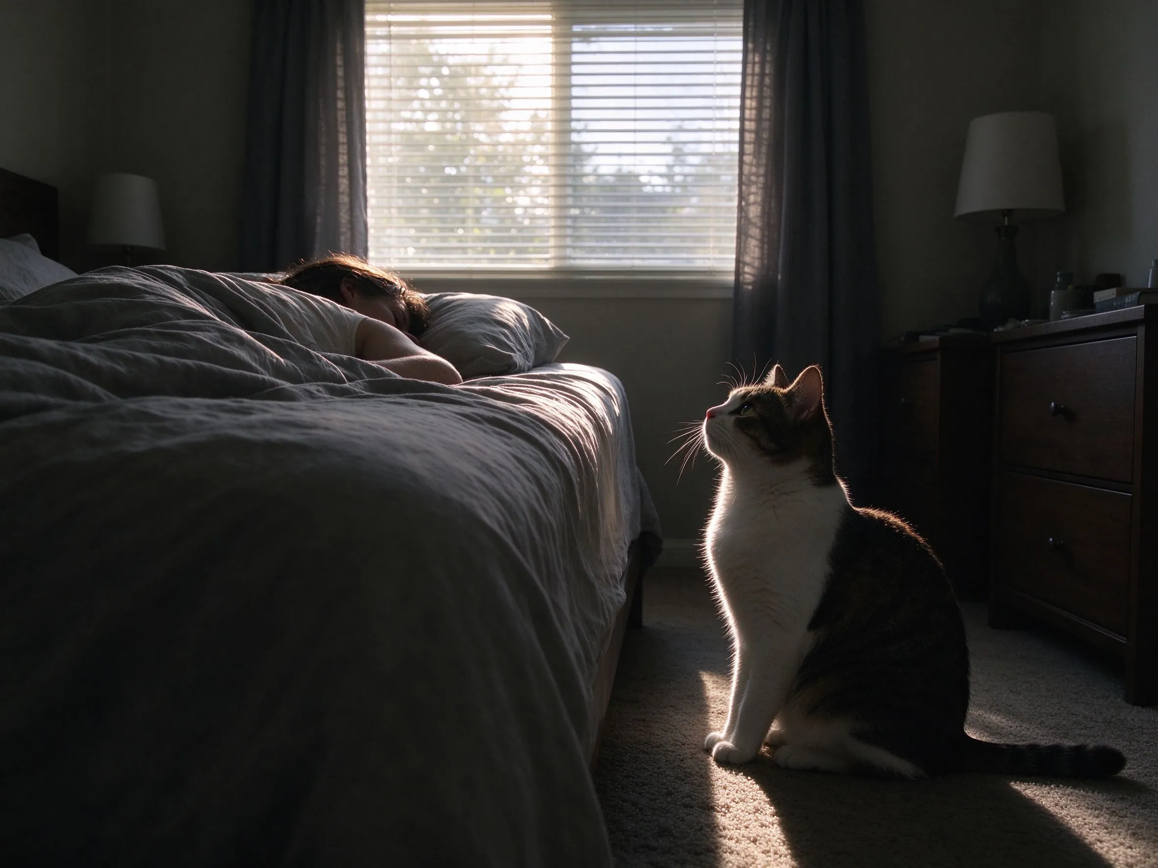 猫在昏暗卧室蹲床边抬头看着床上的人的猫咪行为图片