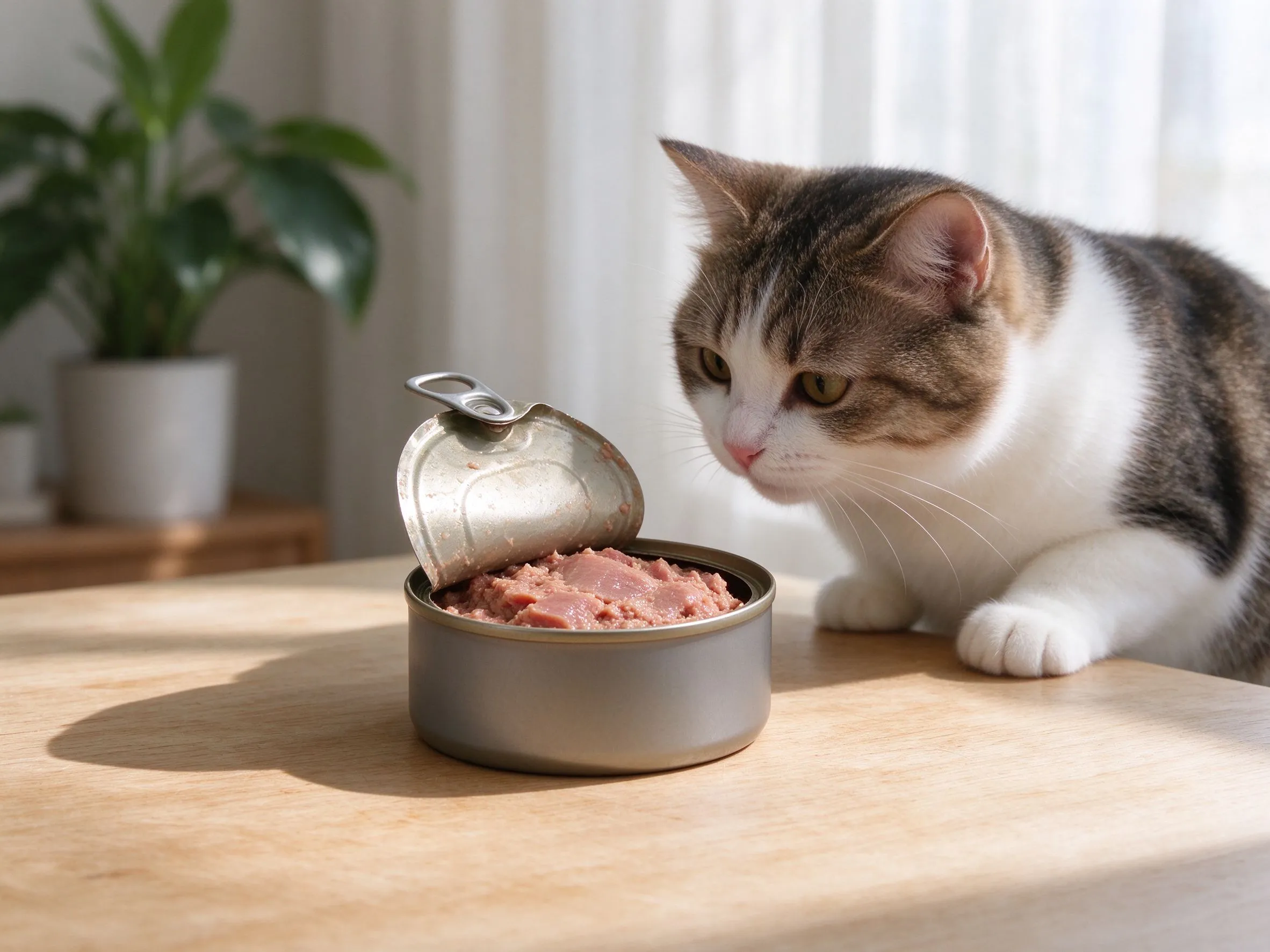 打开的猫罐头装湿肉块旁边猫凑过来的猫咪喂养图片