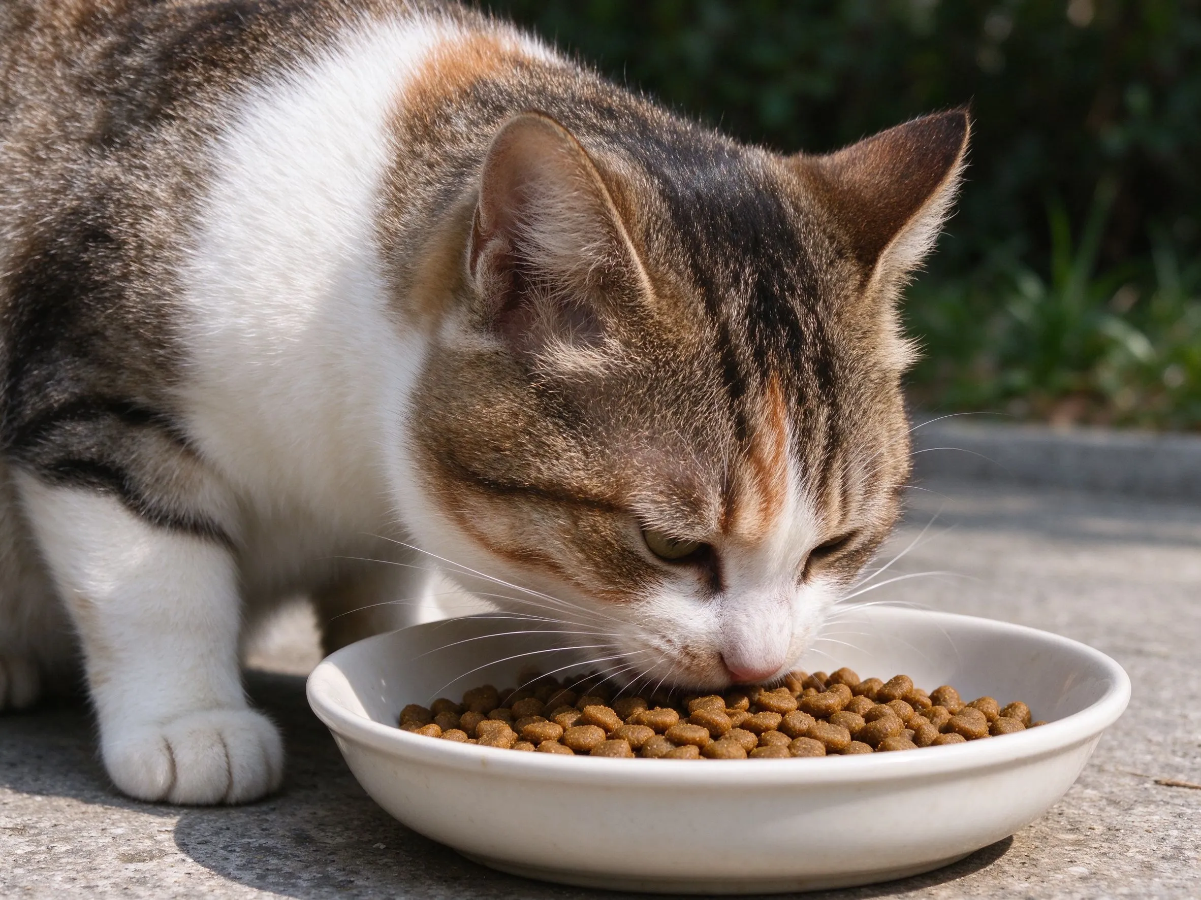 一只猫埋头快速吃碗里猫粮颗粒的猫咪喂养图片