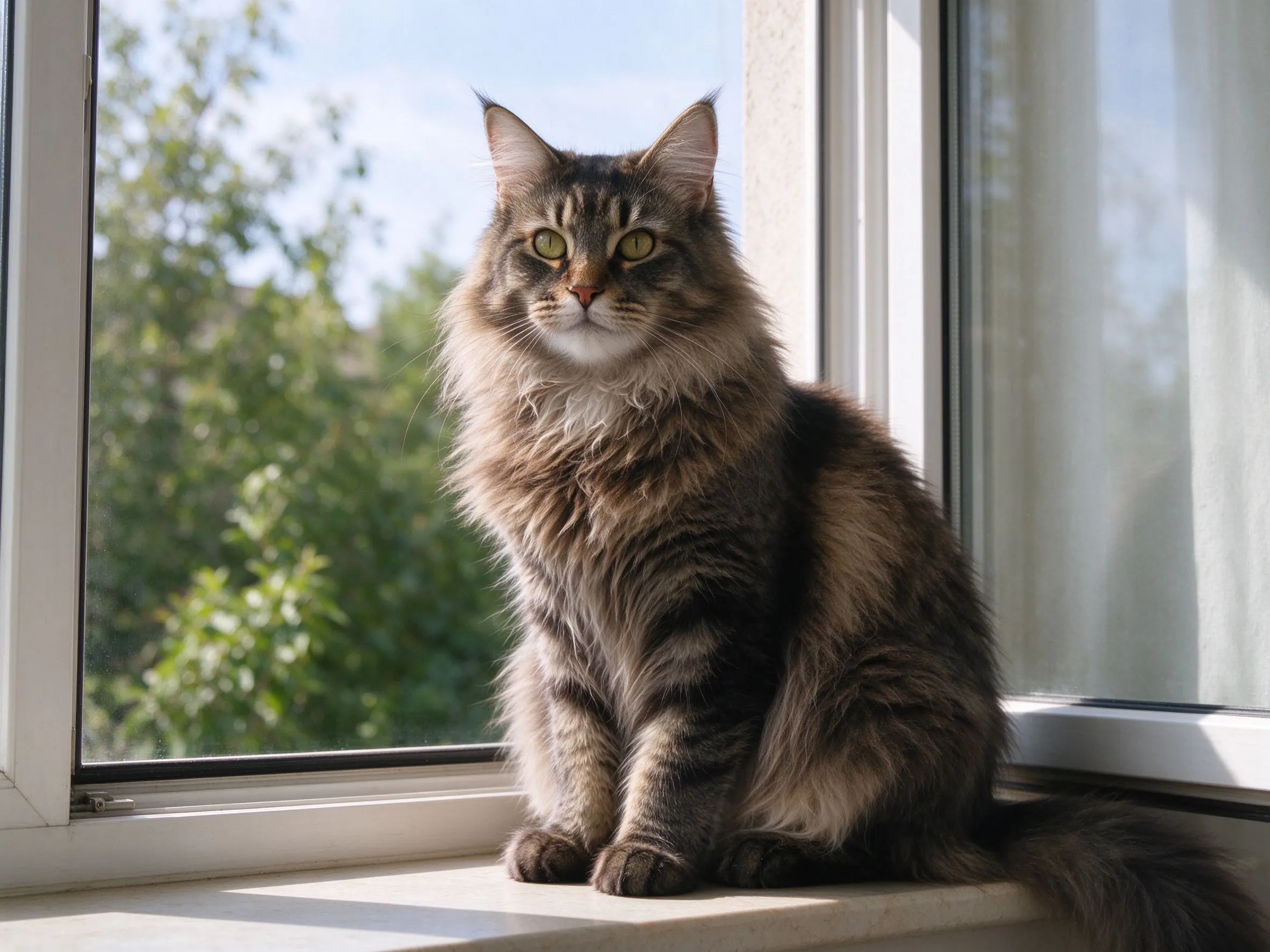 大体型中长毛立耳挪威森林猫坐窗边的猫咪品种图片