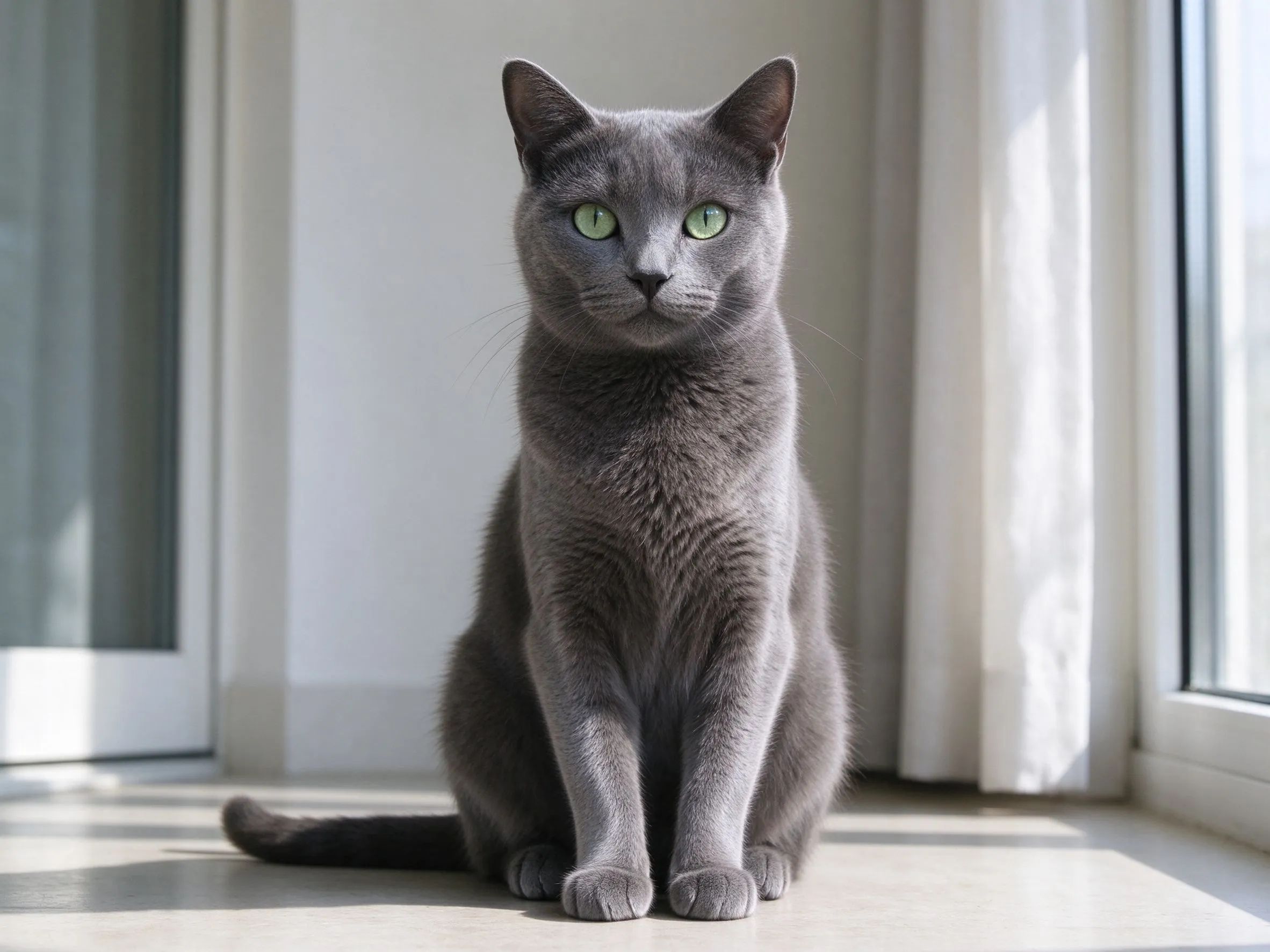 蓝灰色短毛绿眼睛俄罗斯蓝猫端坐的猫咪品种图片