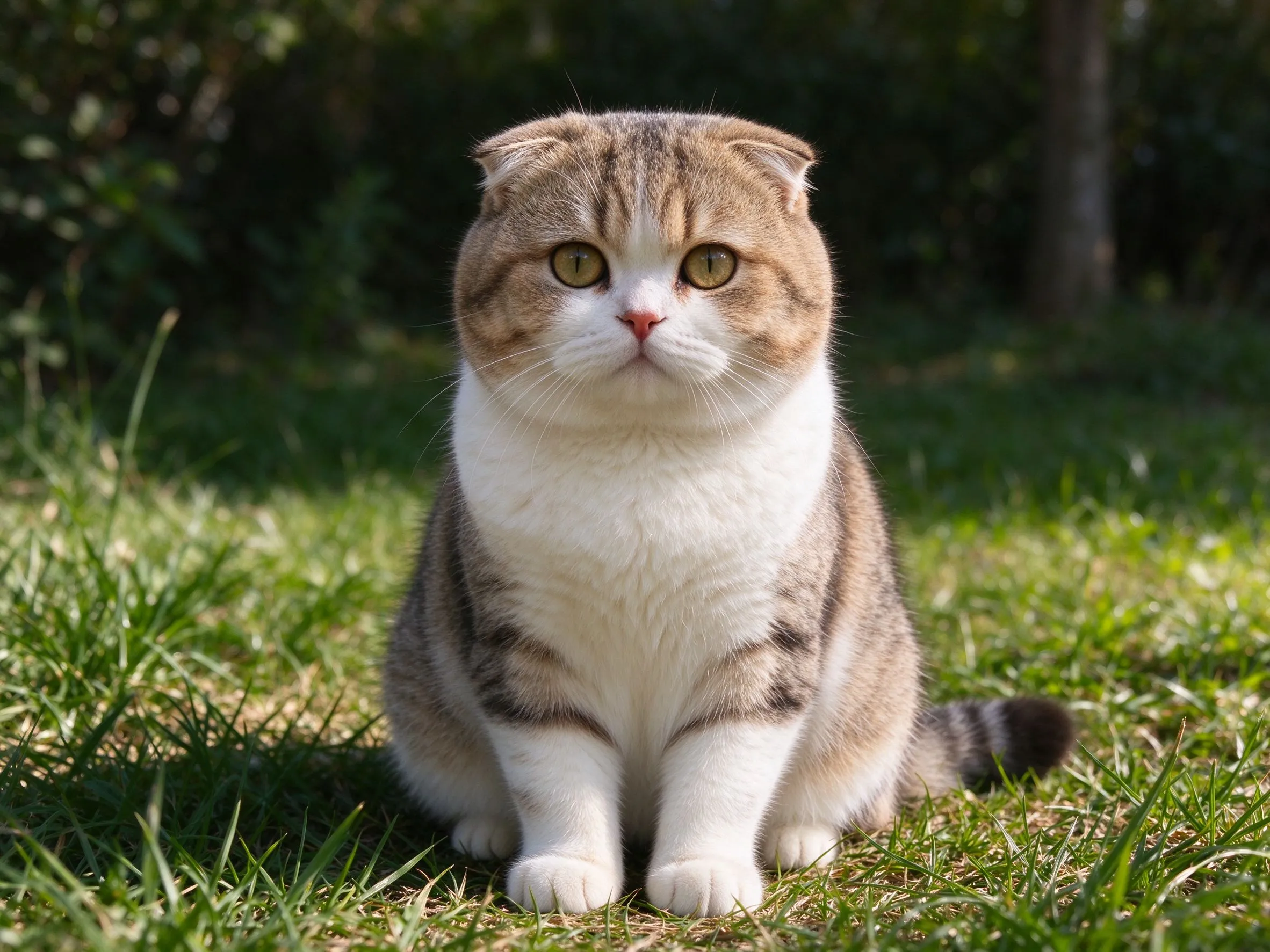 耳朵向前折圆脸苏格兰折耳猫坐草地的猫咪品种图片