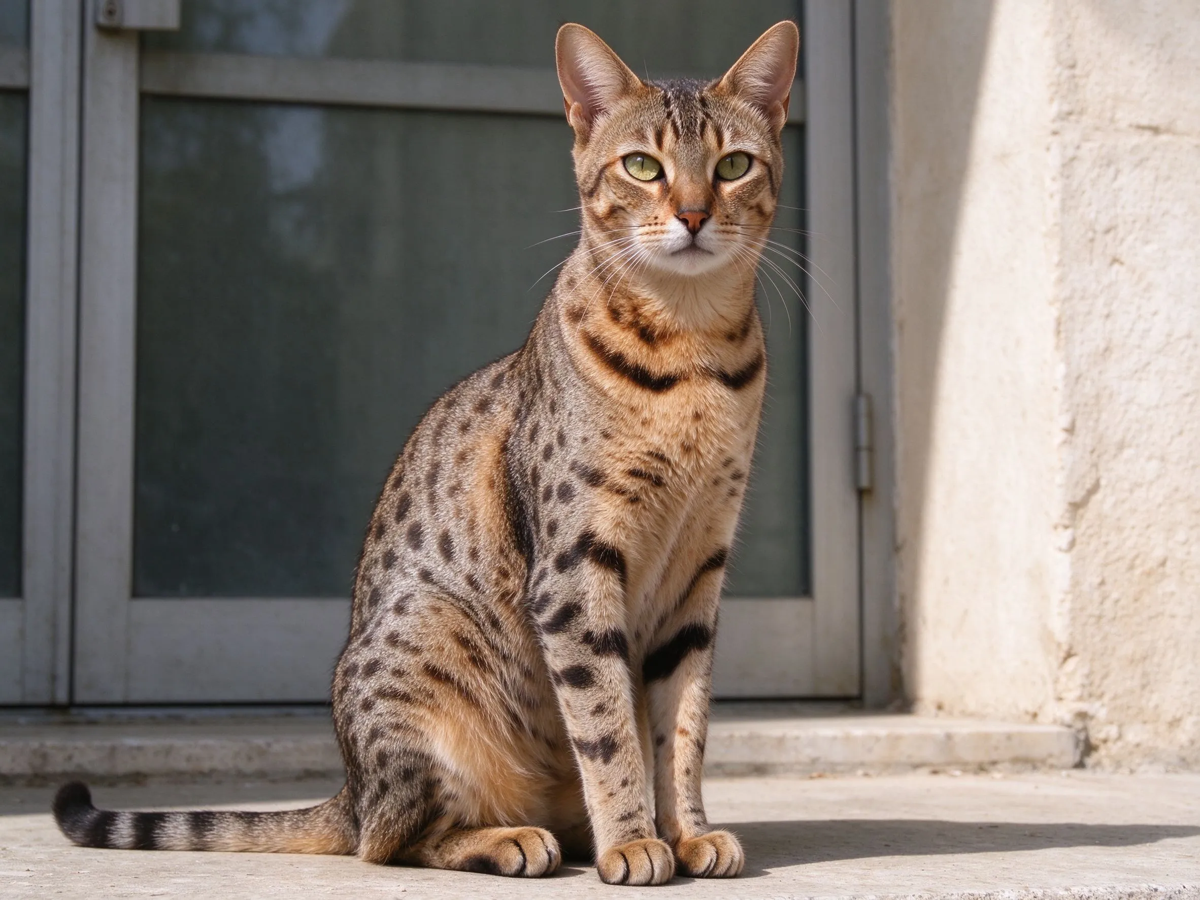 身上带深色斑点的埃及猫端坐的猫咪品种图片