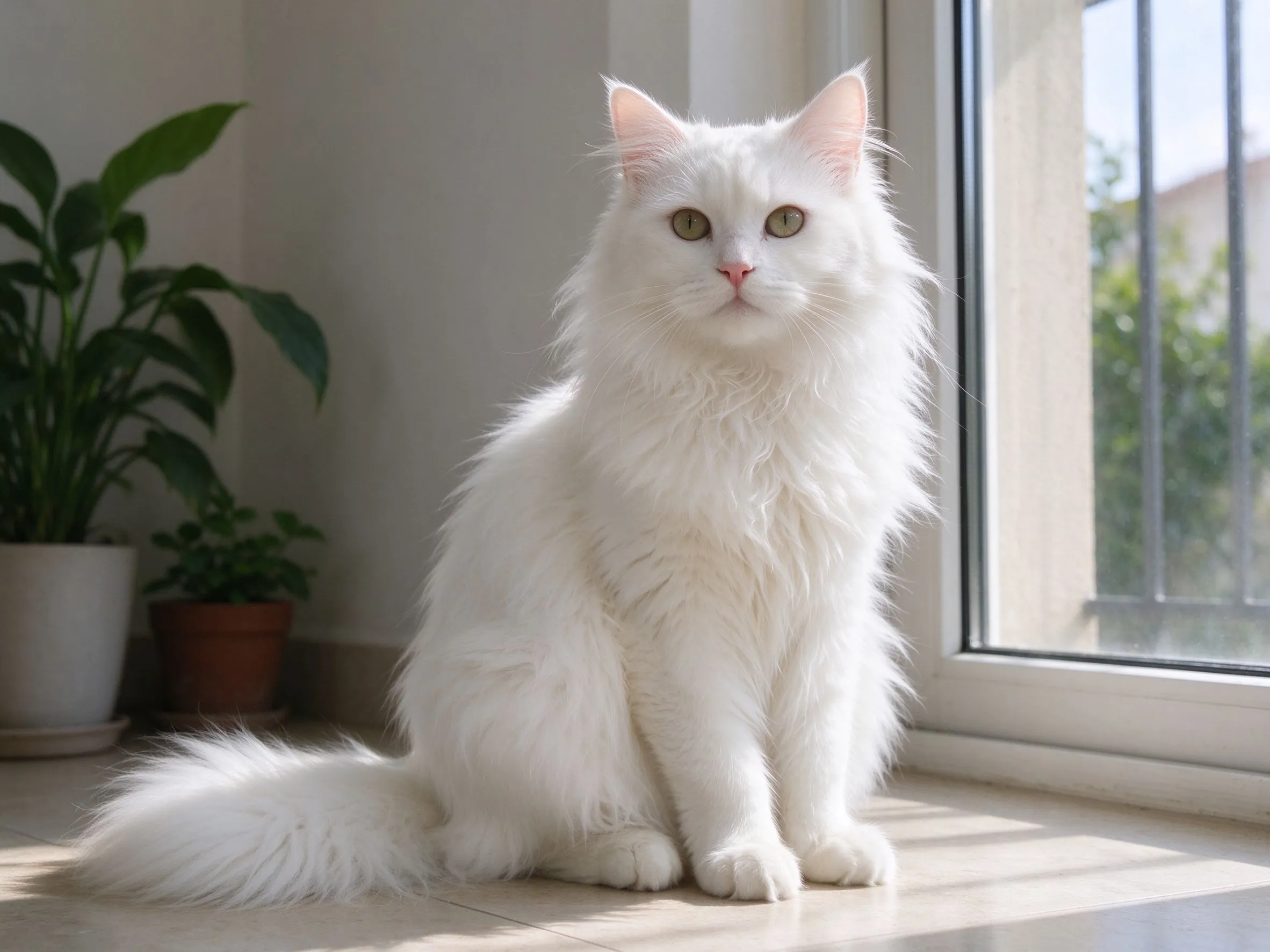 白色长毛安哥拉猫大尾巴坐着的猫咪品种图片