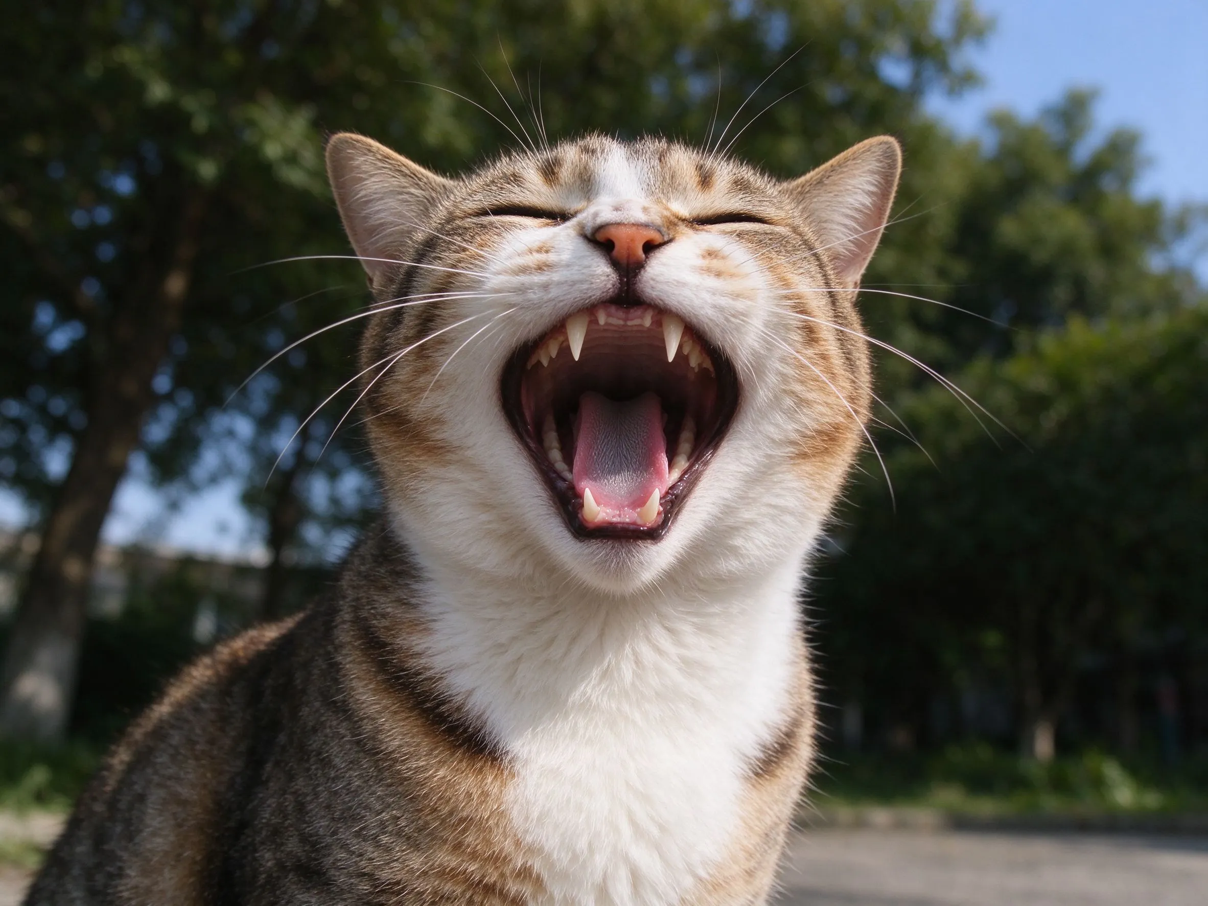 猫仰脸张嘴打哈欠露出牙齿和牙龈的猫咪健康图片