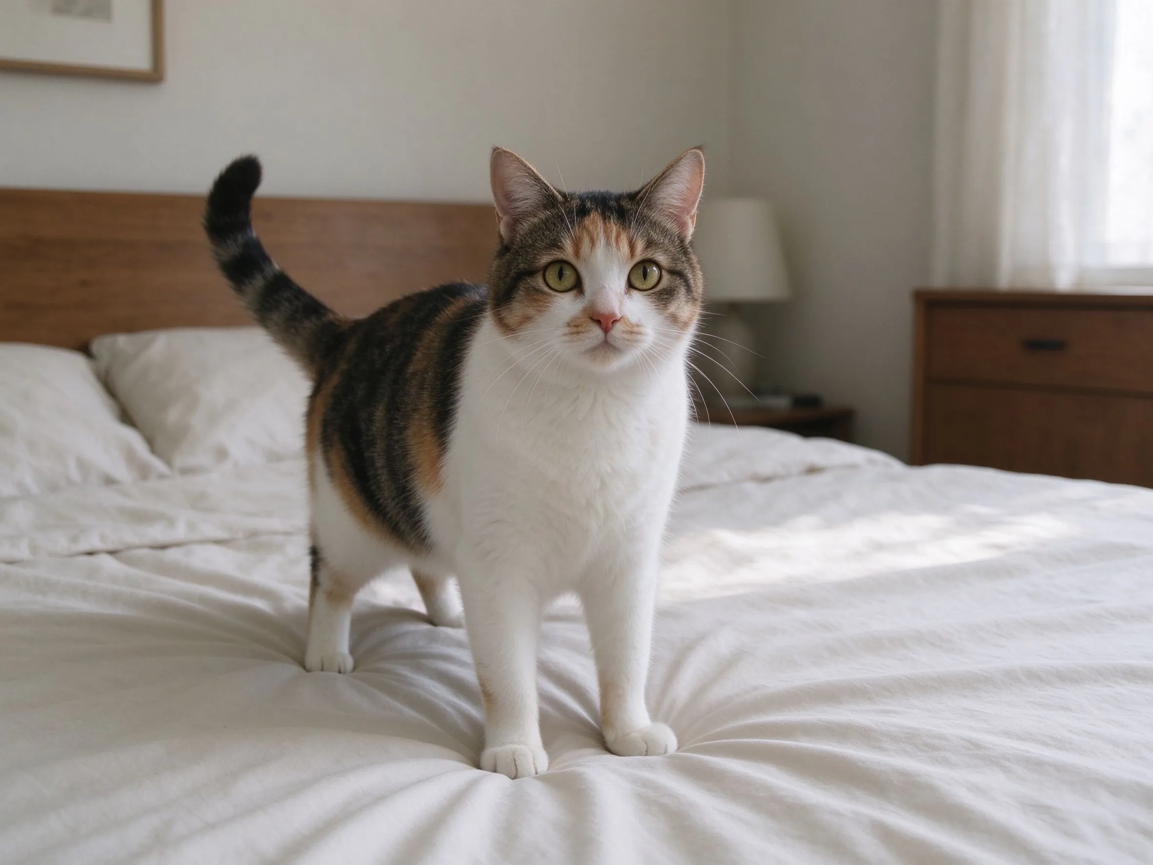 一只猫站在干净浅色床单上看着的猫咪行为图片