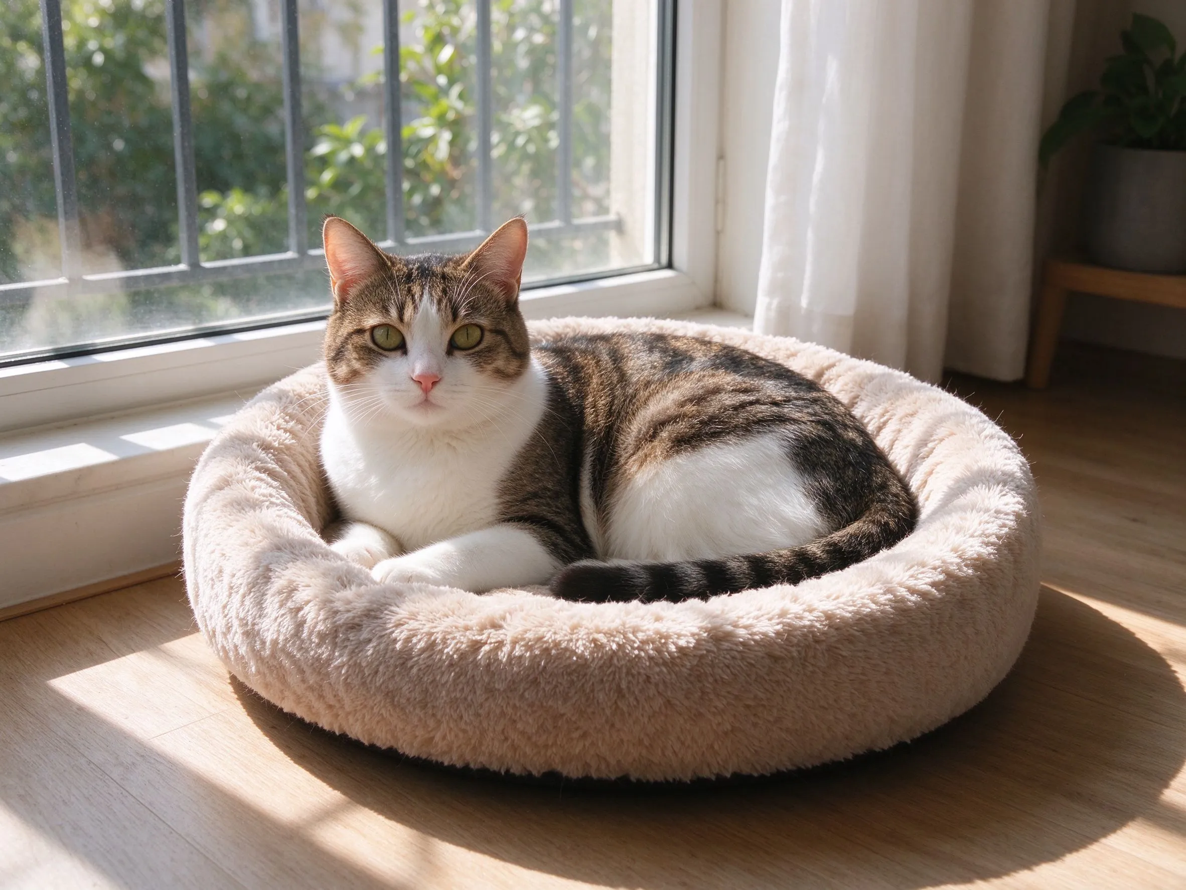 圆形猫窝放阳光窗边一只猫窝在里面的猫咪用品图片