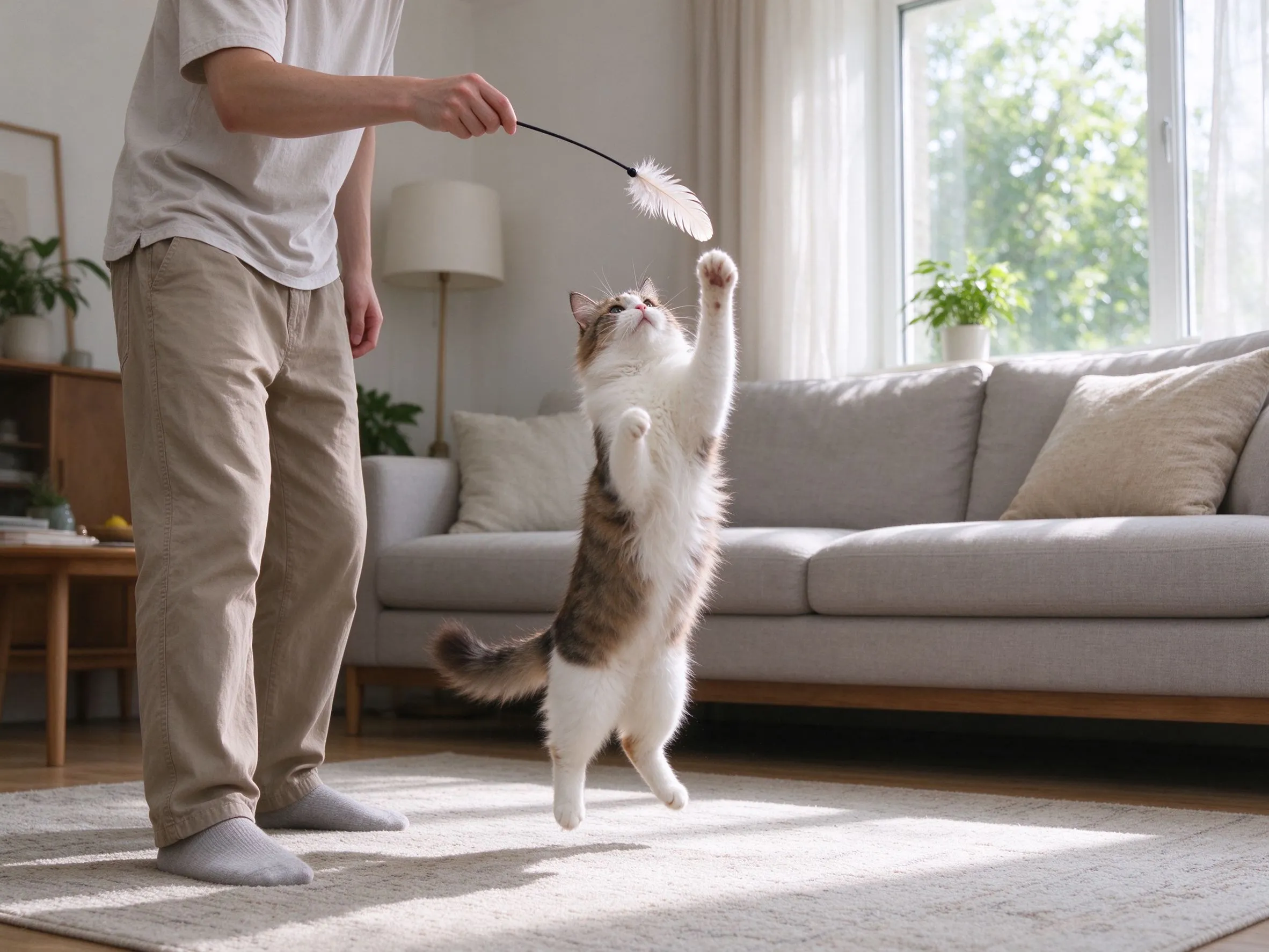 人拿羽毛逗猫棒逗一只猫猫跳起来扑的猫咪用品图片