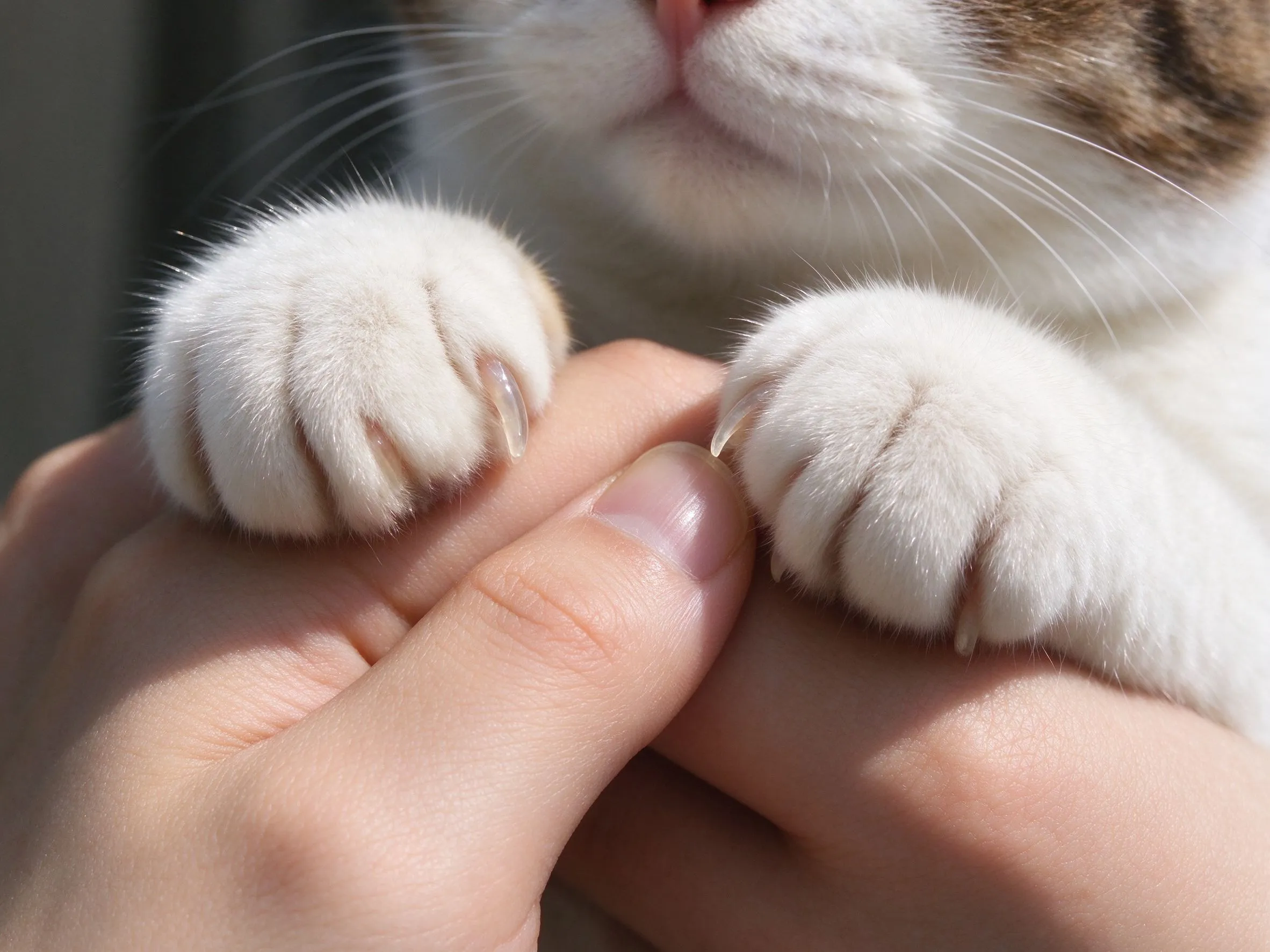一只猫前爪搭人手上特写能看到透明指甲的猫咪用品图片