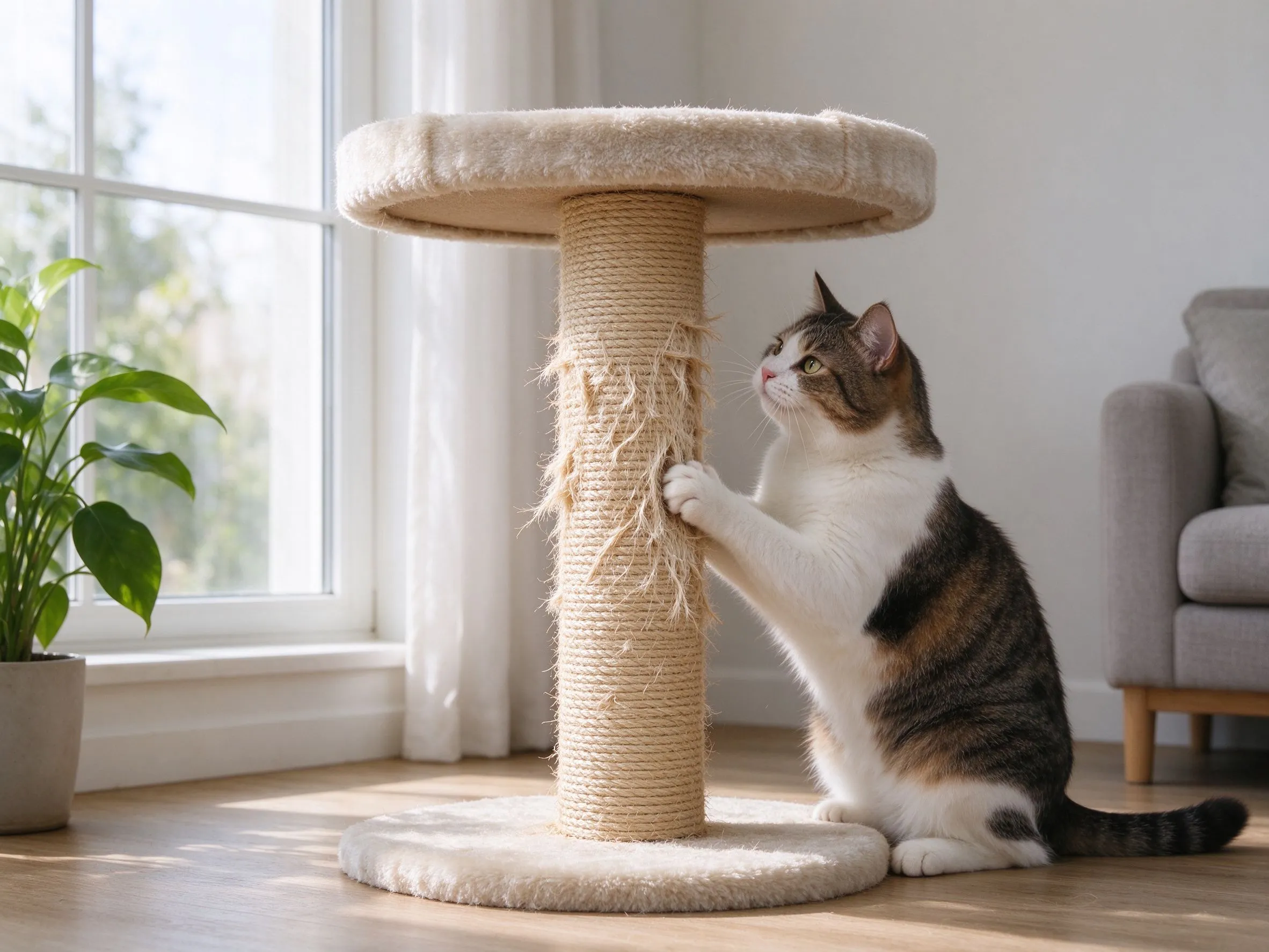 猫爬架上剑麻抓柱表面被抓得起毛旁边猫抓着的猫咪用品图片
