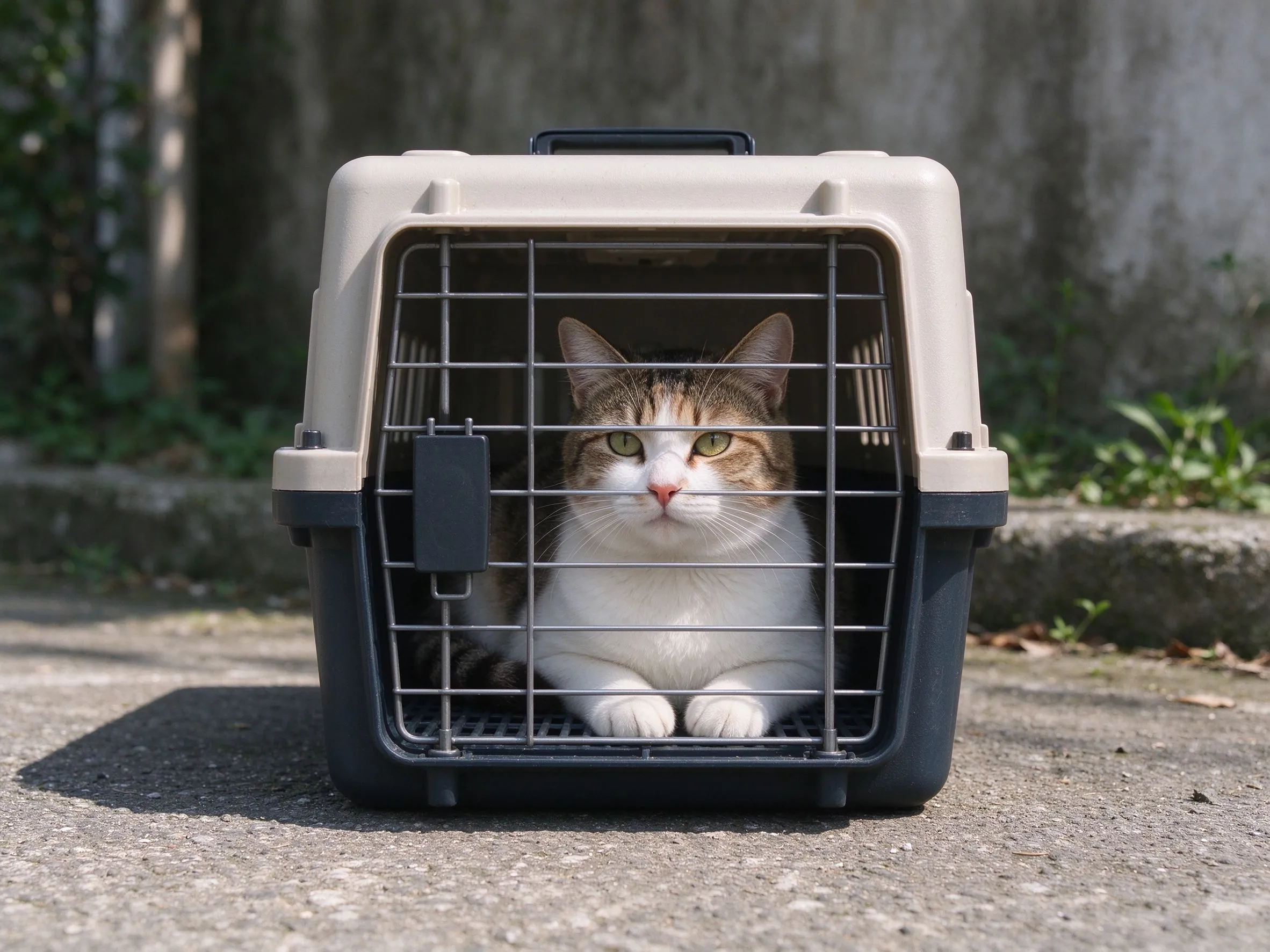 硬质宠物航空箱放地上里面一只猫安静待着的猫咪用品图片
