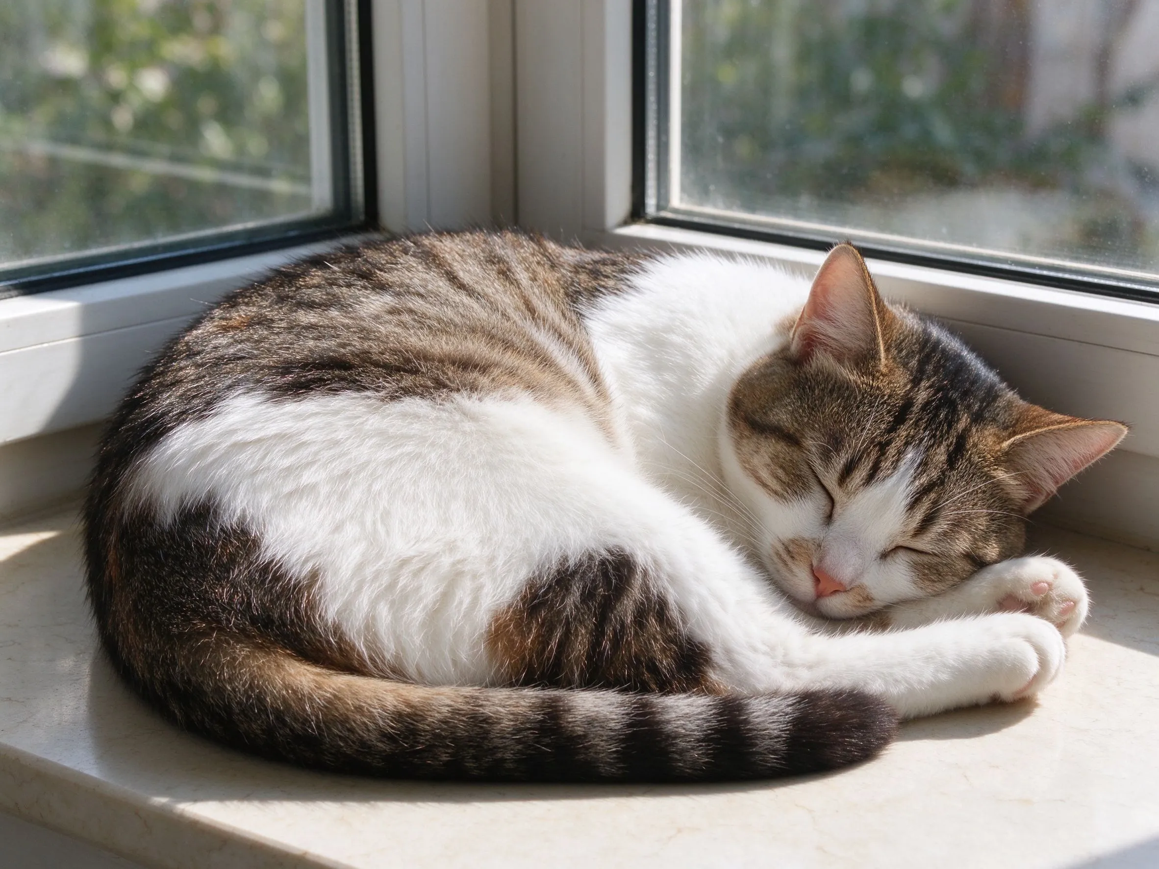 一只猫蜷成一团在阳光窗台上睡觉的猫咪行为图片