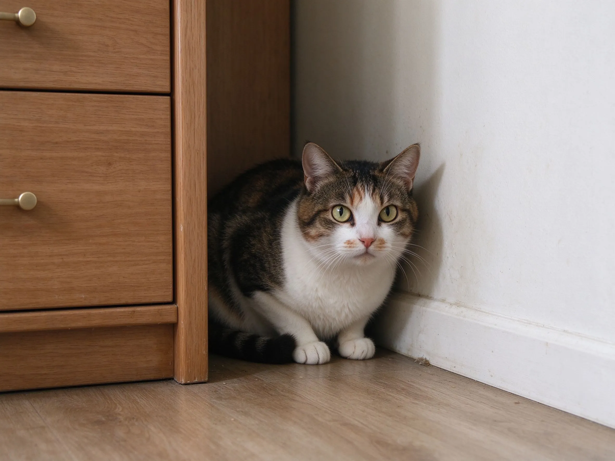 一只猫缩在柜子和墙的角落紧张看着外面的猫咪健康图片
