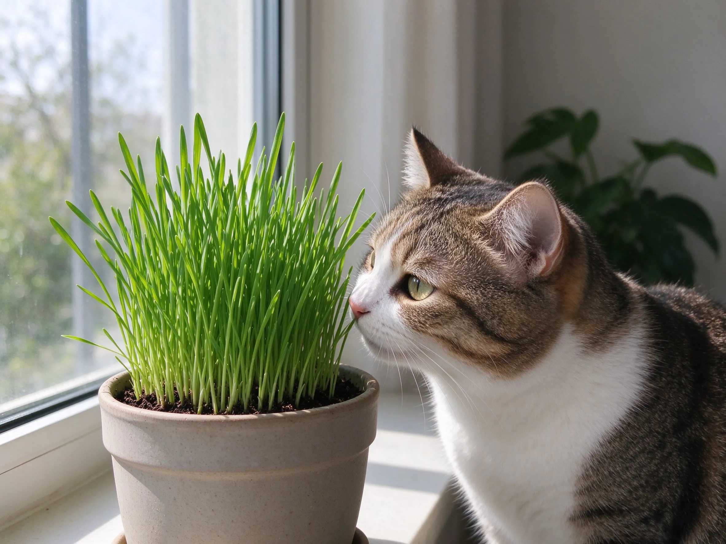 花盆里种着翠绿猫草旁边一只猫凑过来闻的猫咪喂养图片