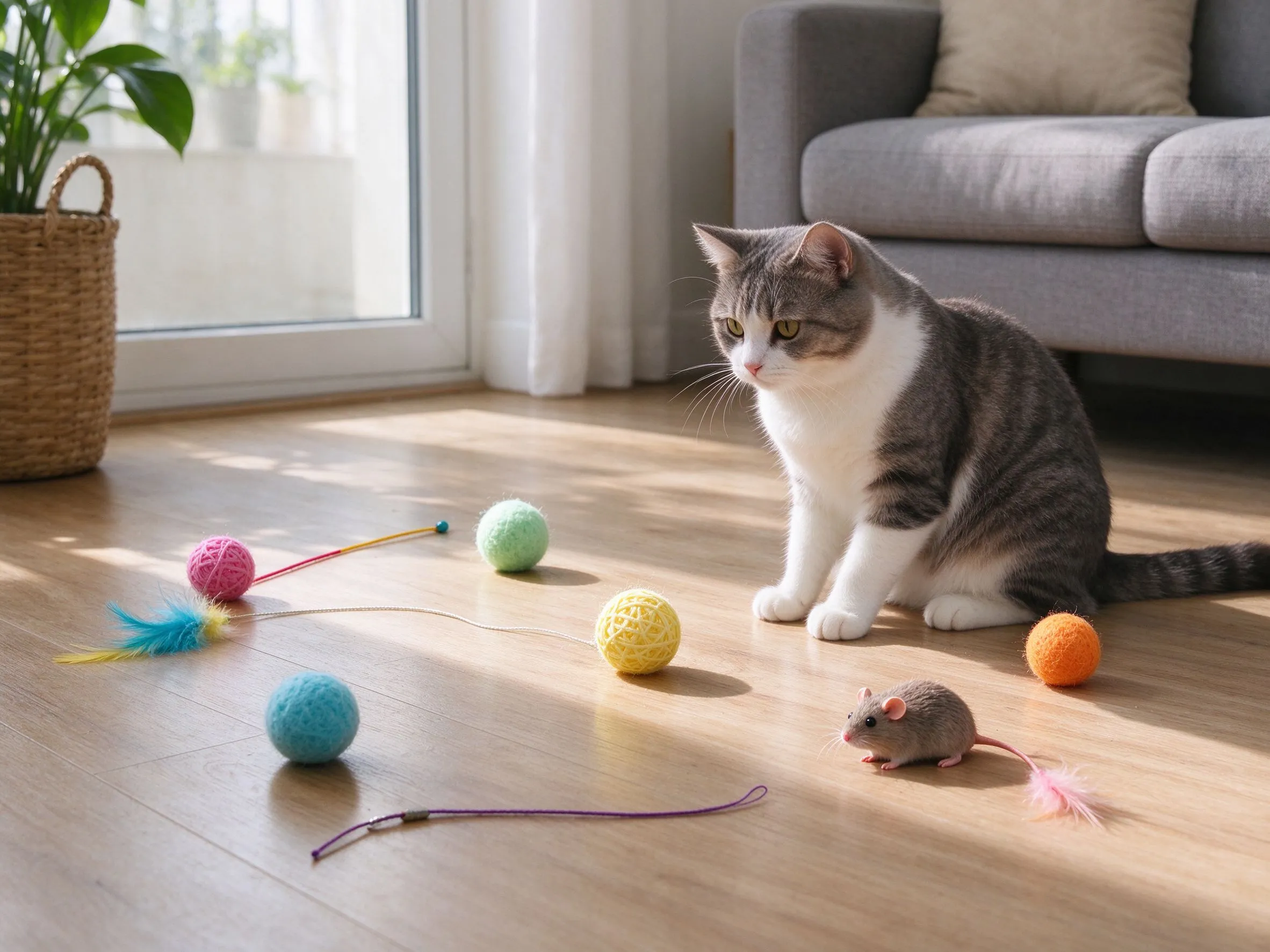 地板上散落着小球逗猫棒小老鼠几种猫玩具的猫咪用品图片