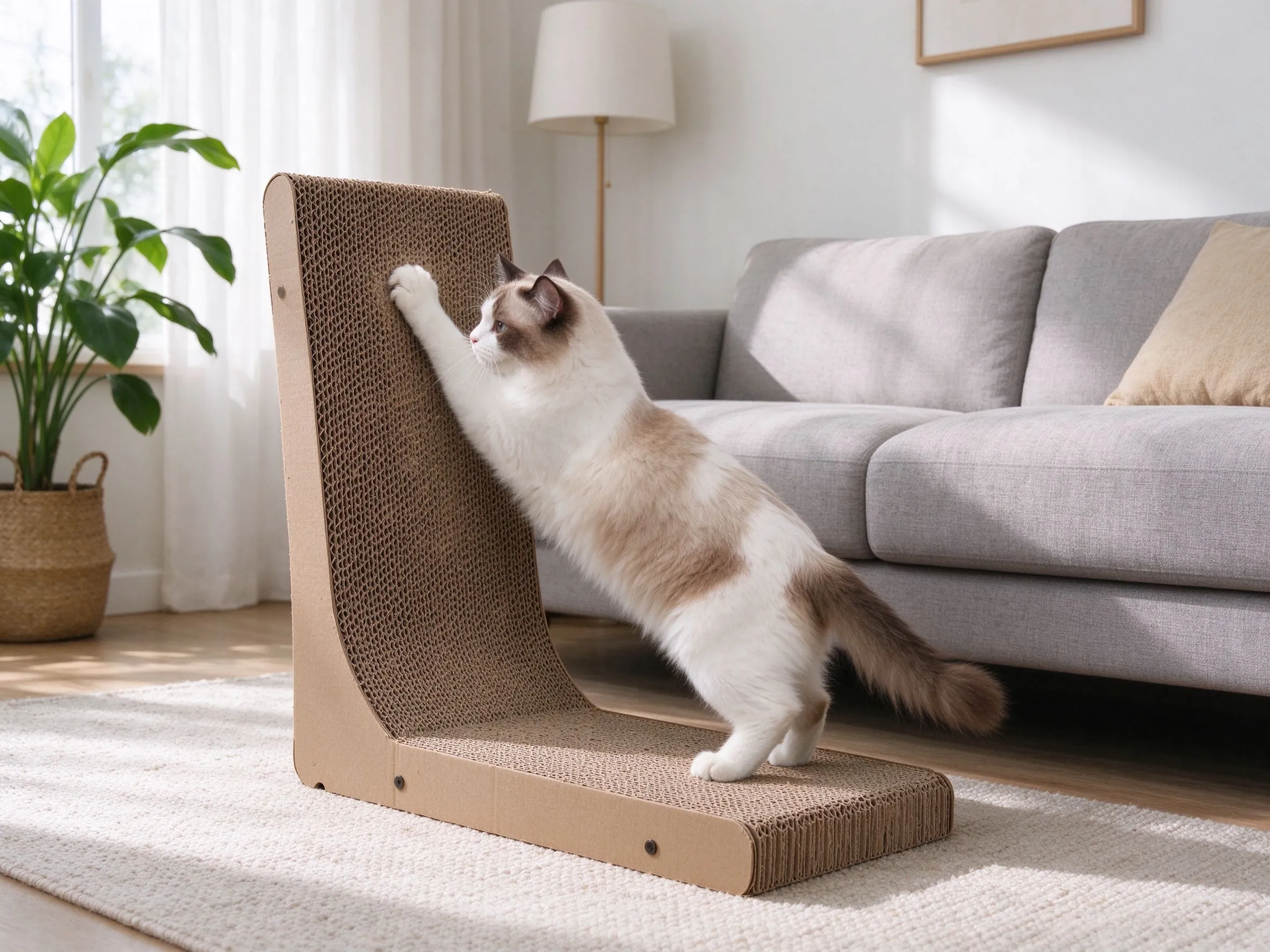 瓦楞纸猫抓板放沙发旁边一只猫正在上面抓的猫咪用品图片