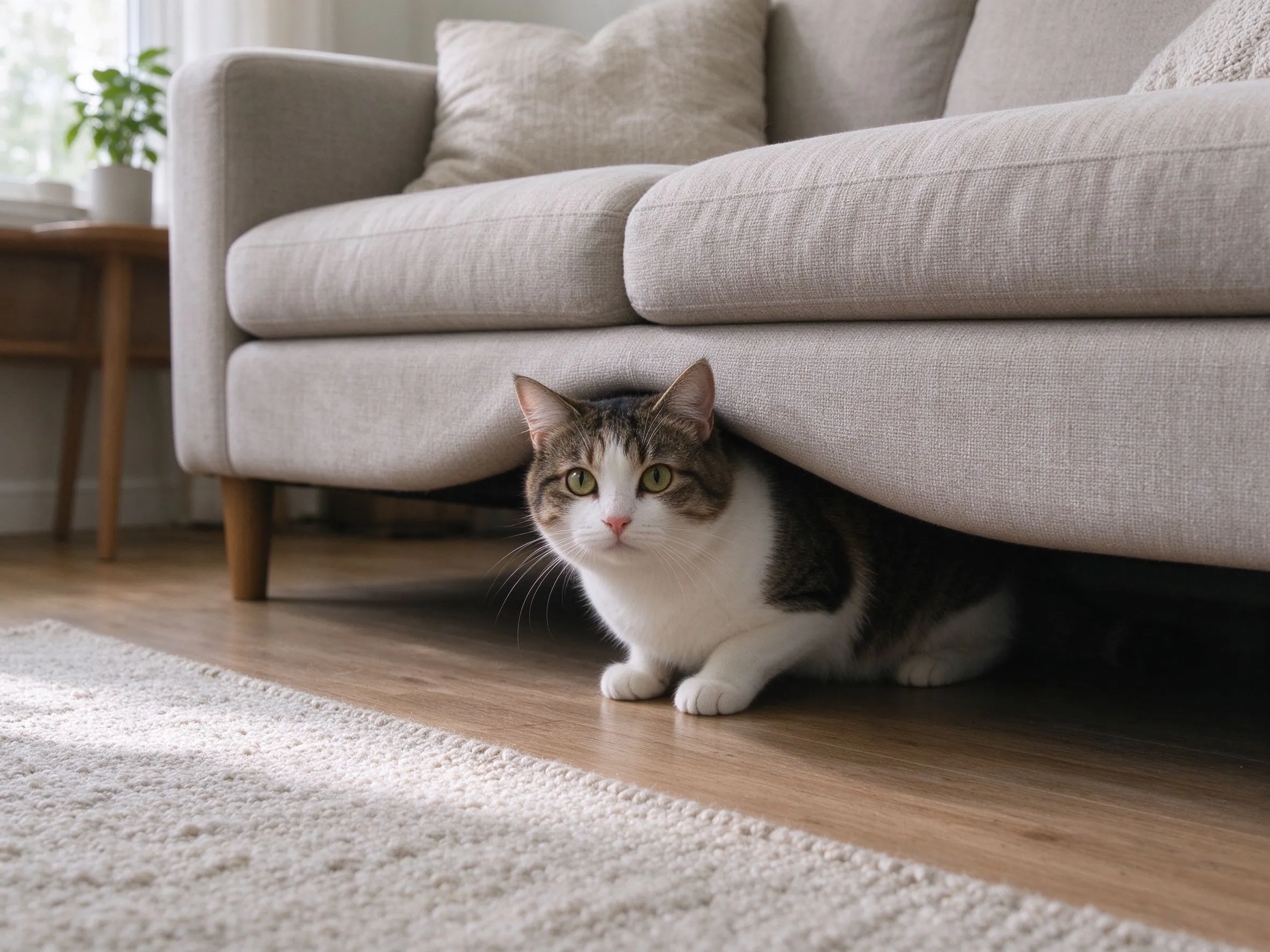 一只刚到新家的猫躲在沙发底下探头的猫咪行为图片