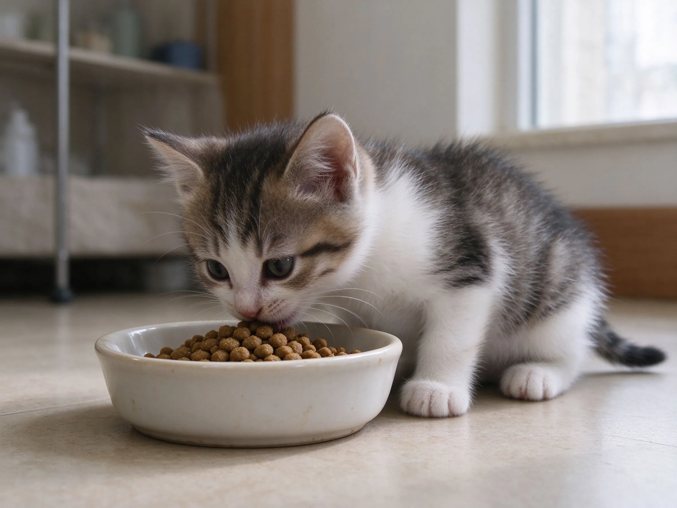 一只小奶猫低头吃陶瓷碗里小颗粒幼猫粮的猫咪喂养图片