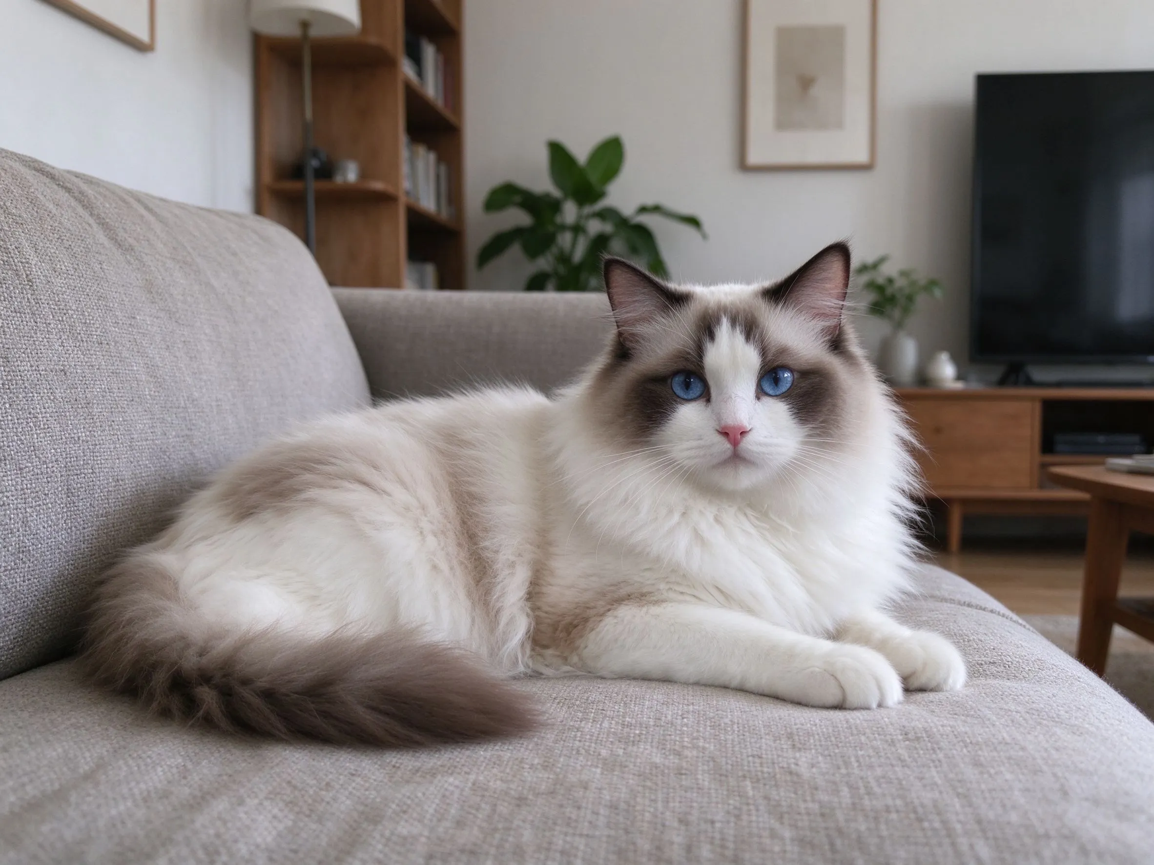 长毛布偶猫蓝眼睛蓬松毛发优雅趴在沙发上的品种图片