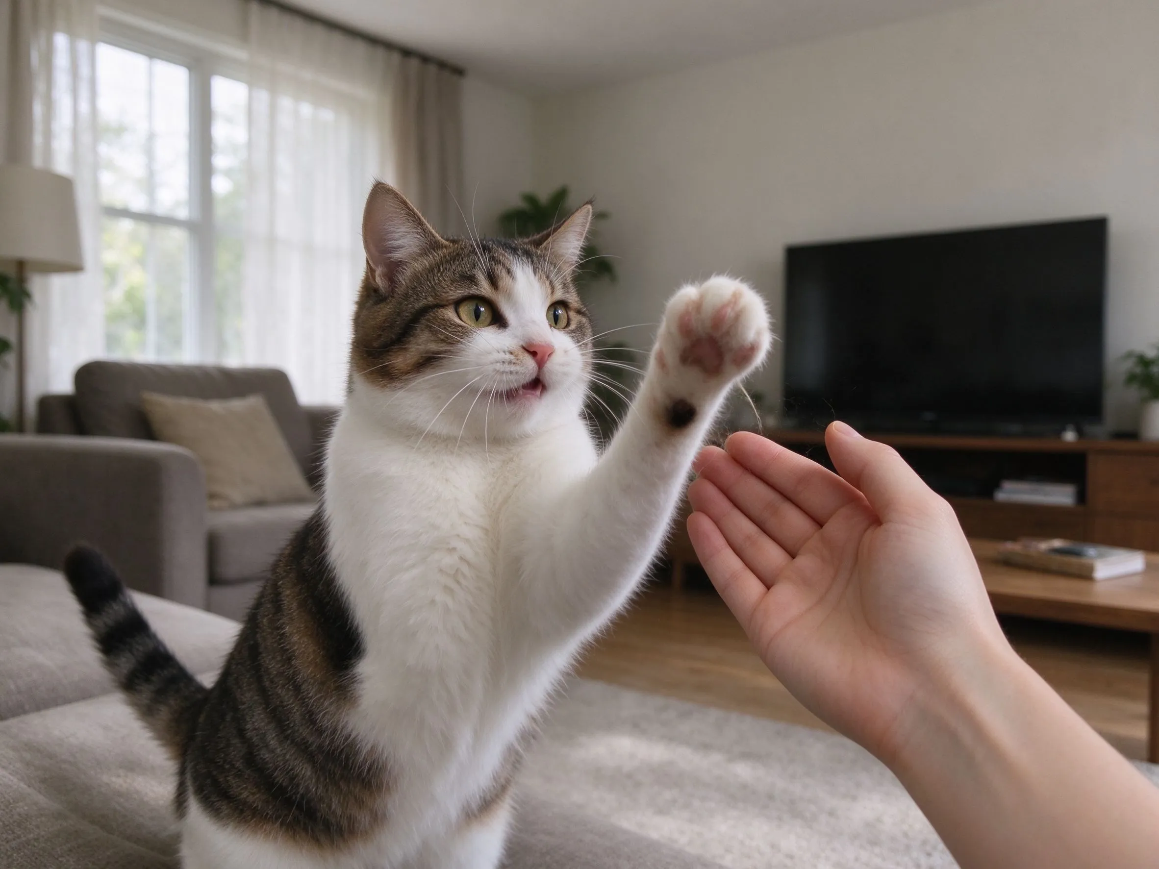 一只猫抬起前爪扑向人手玩闹的猫咪行为图片