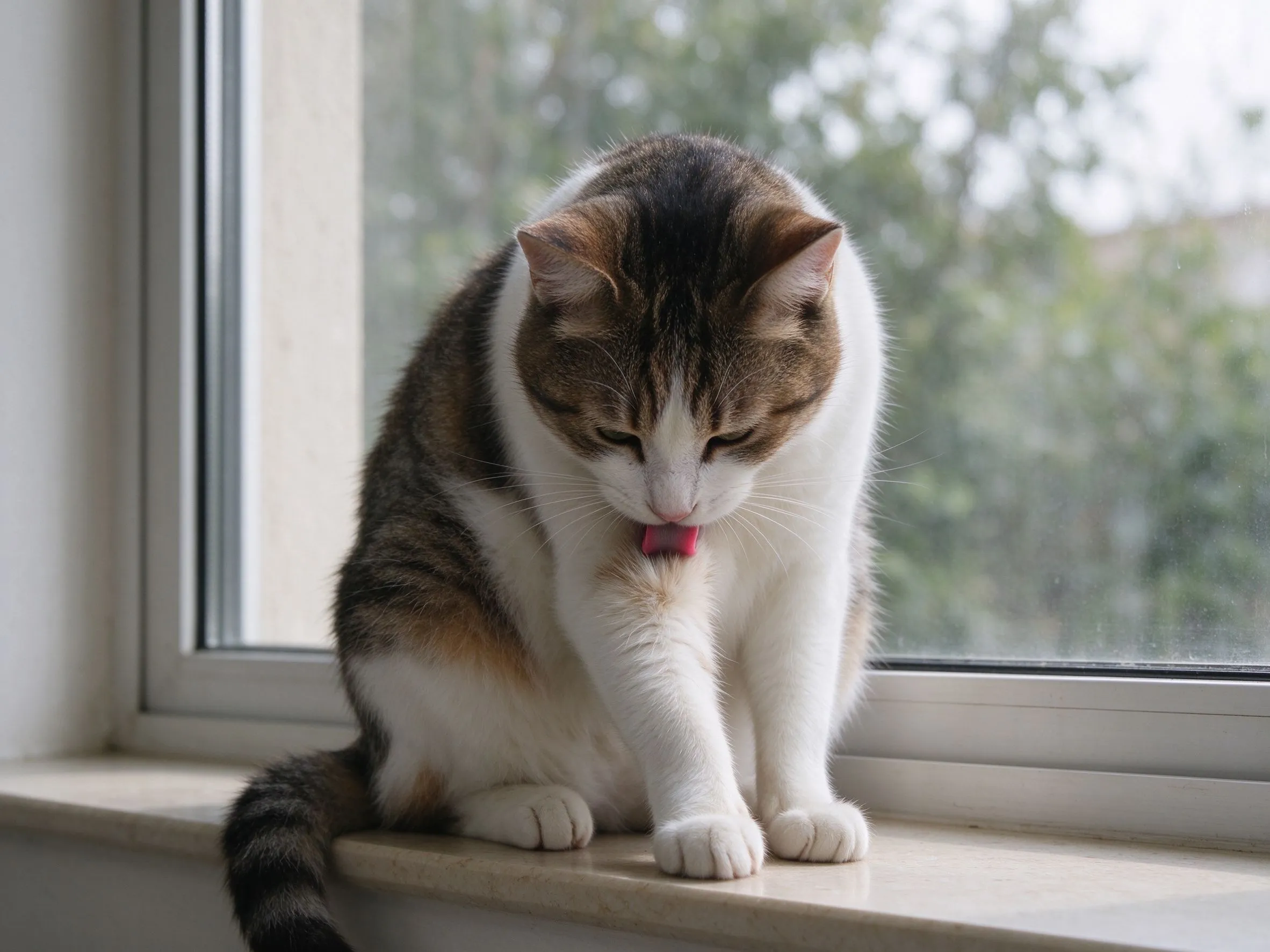 一只猫坐着低头用舌头仔细舔自己前腿梳理毛发的猫咪行为图片