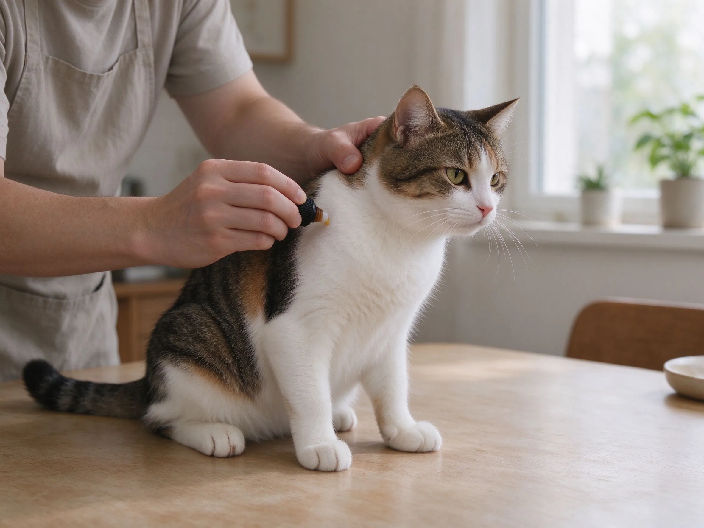 一只猫被人轻轻扶着后颈做体外驱虫滴药的猫咪健康图片
