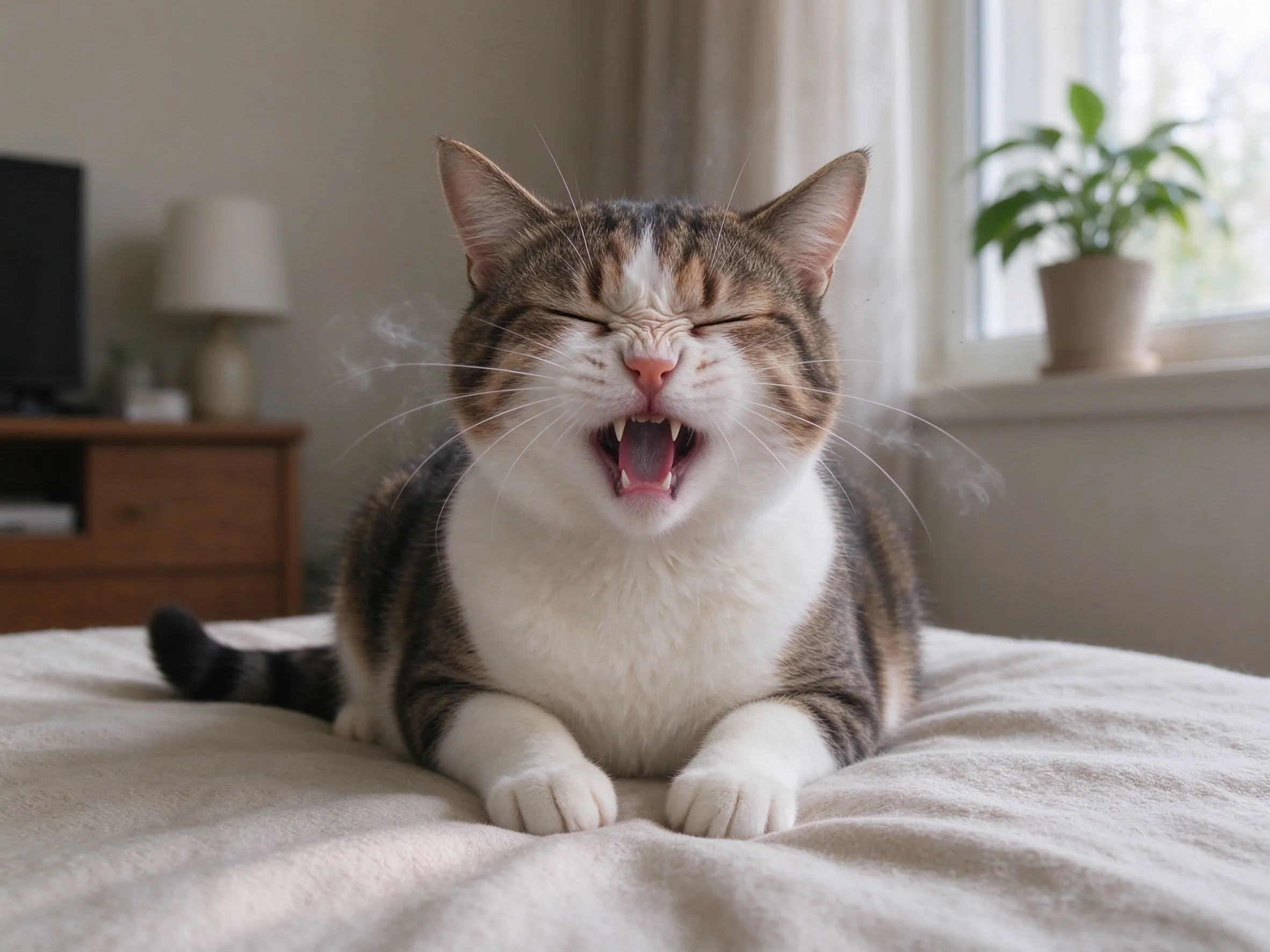 一只猫眯着眼睛鼻子皱起正在打喷嚏的猫咪健康图片
