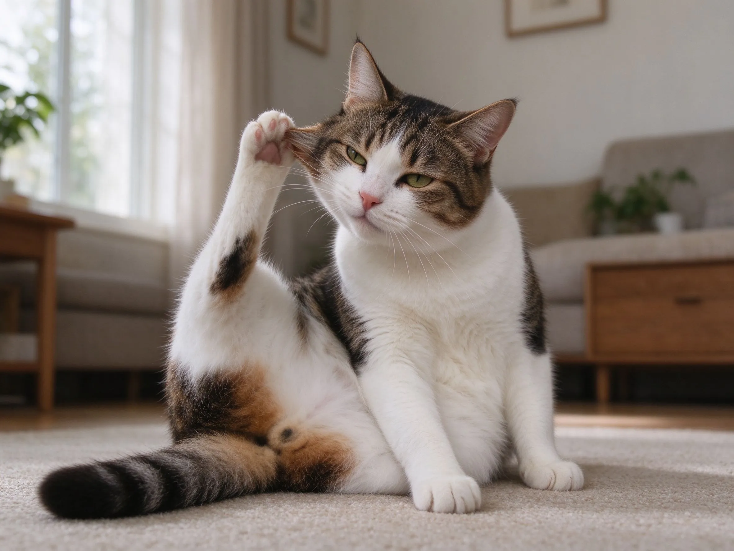 一只猫歪着脑袋用后脚挠自己耳朵的猫咪健康图片
