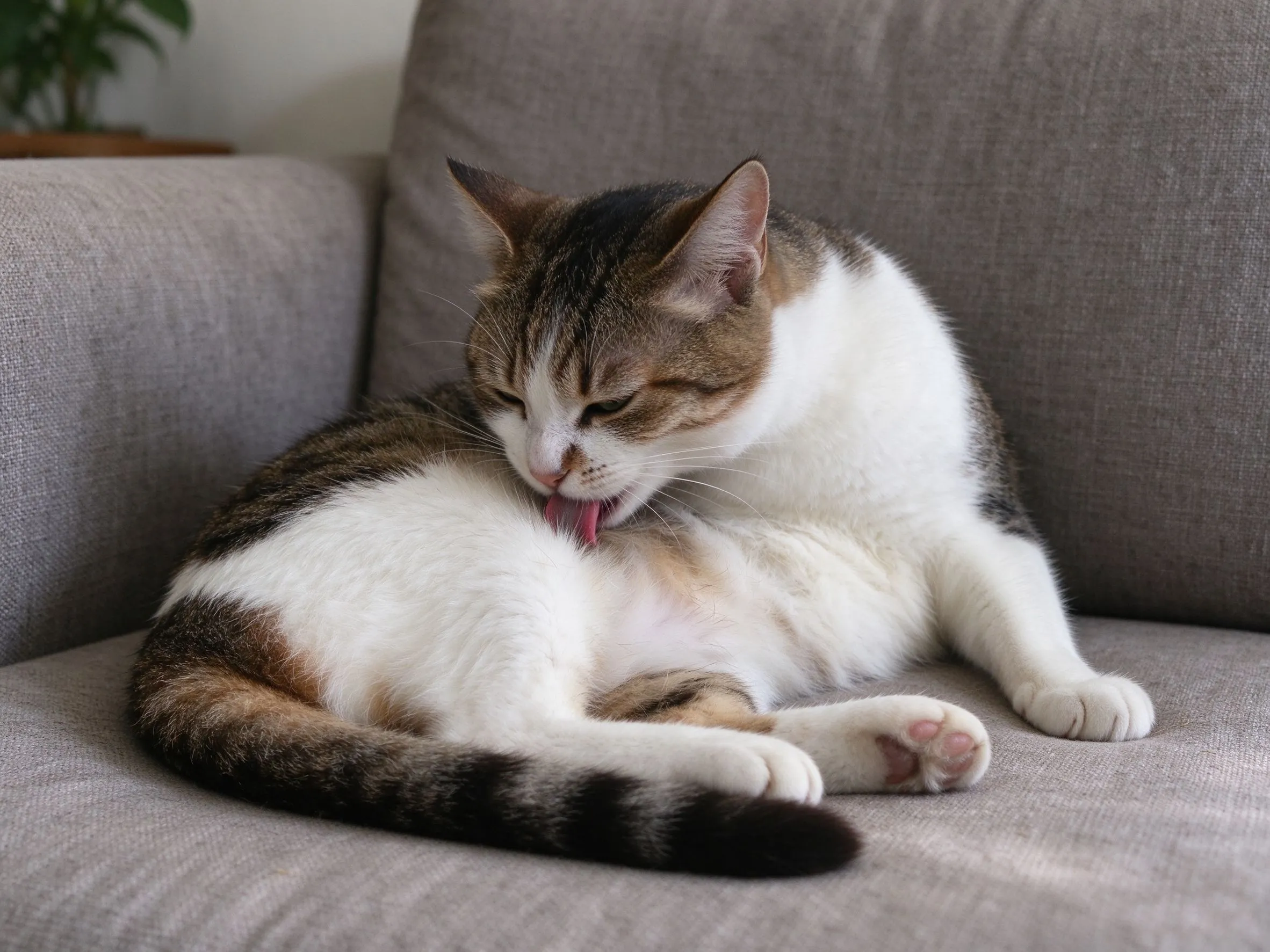 一只猫侧躺着舔自己肚子和后腿毛发的猫咪健康图片