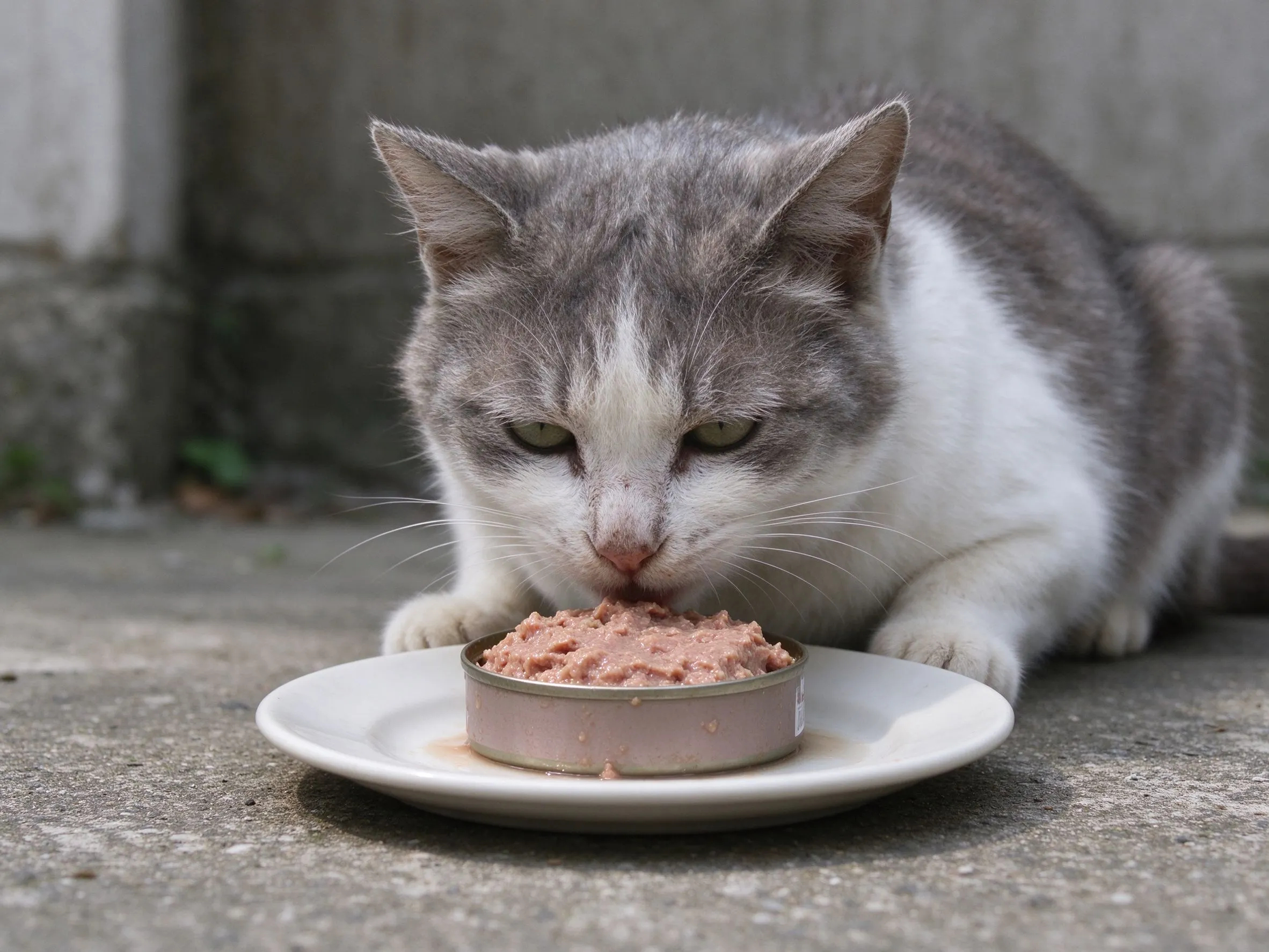 一只年长灰白老猫趴在地上闻一盘湿软猫罐头湿粮的猫咪喂养图片