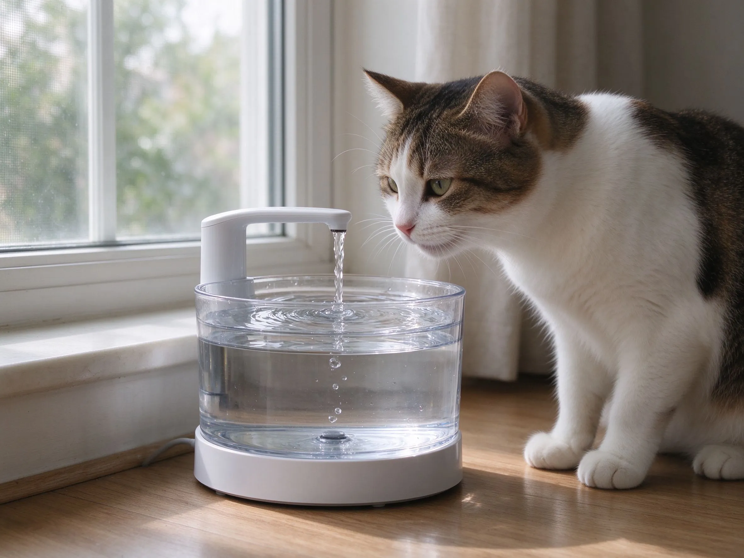 循环流动宠物饮水机装清水一只猫凑近喝水的猫咪用品图片