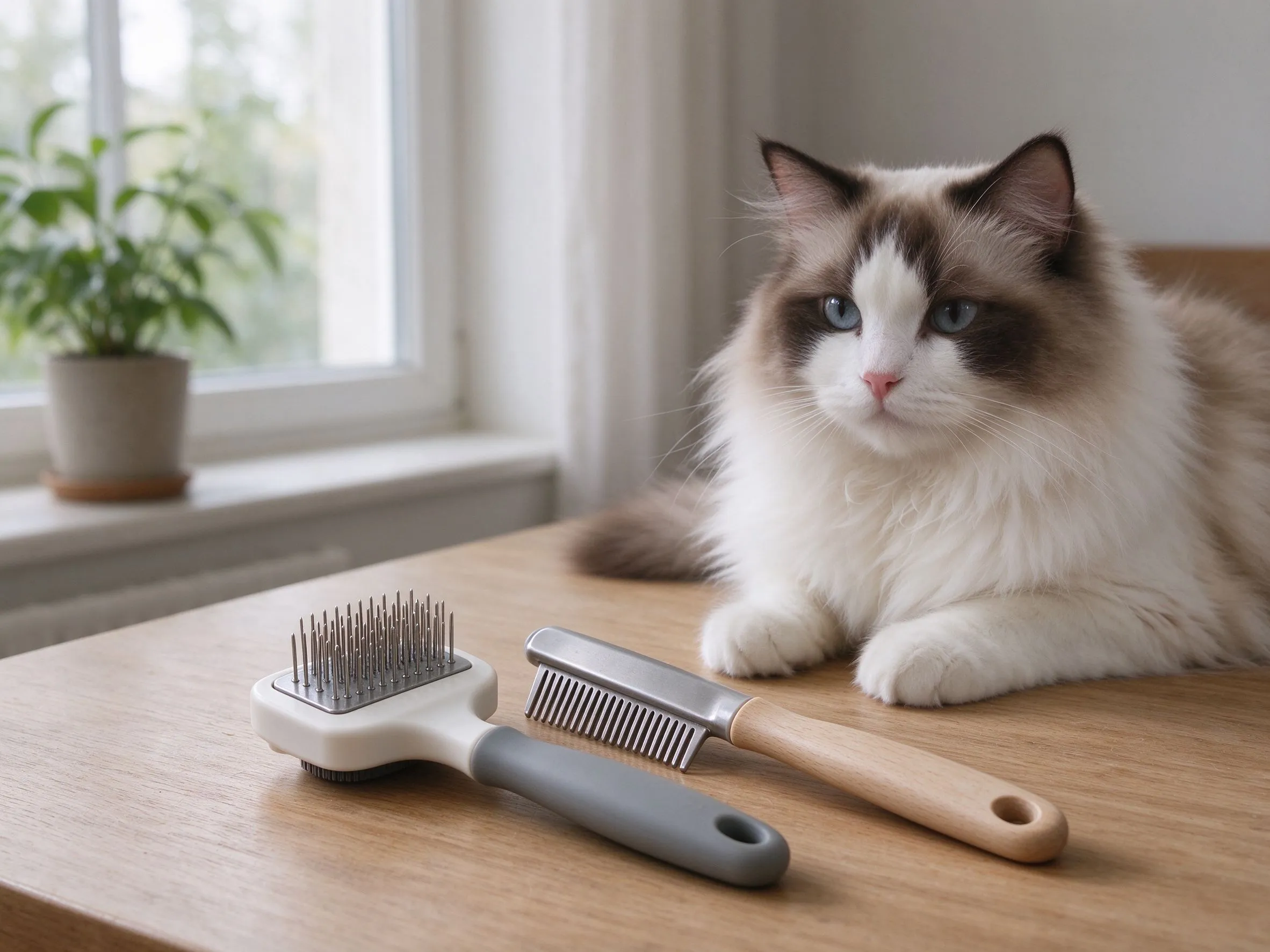 桌面上针梳和排梳两把宠物梳旁边一只长毛猫趴着的猫咪用品图片