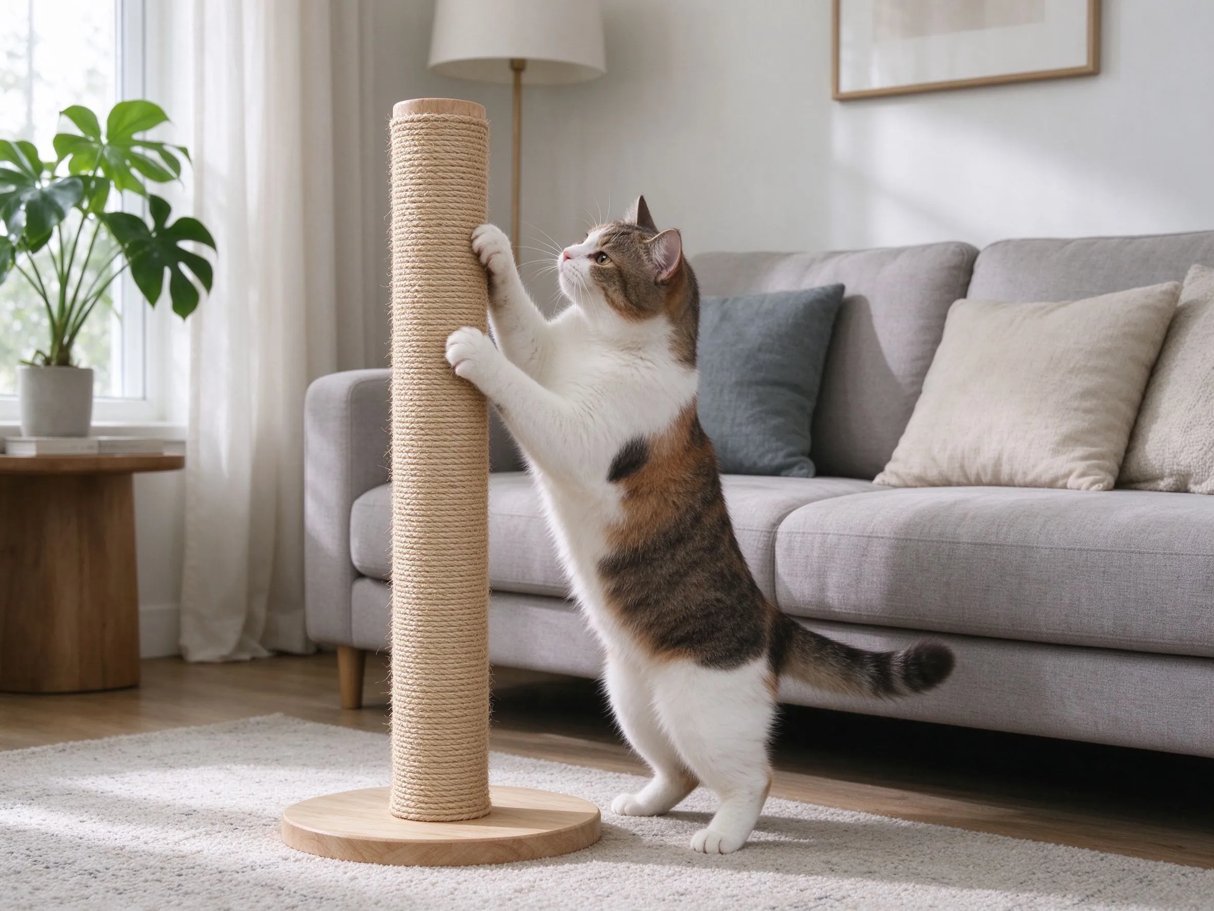 立式剑麻猫抓柱放沙发旁一只猫站起前爪抱柱磨爪的猫咪用品图片