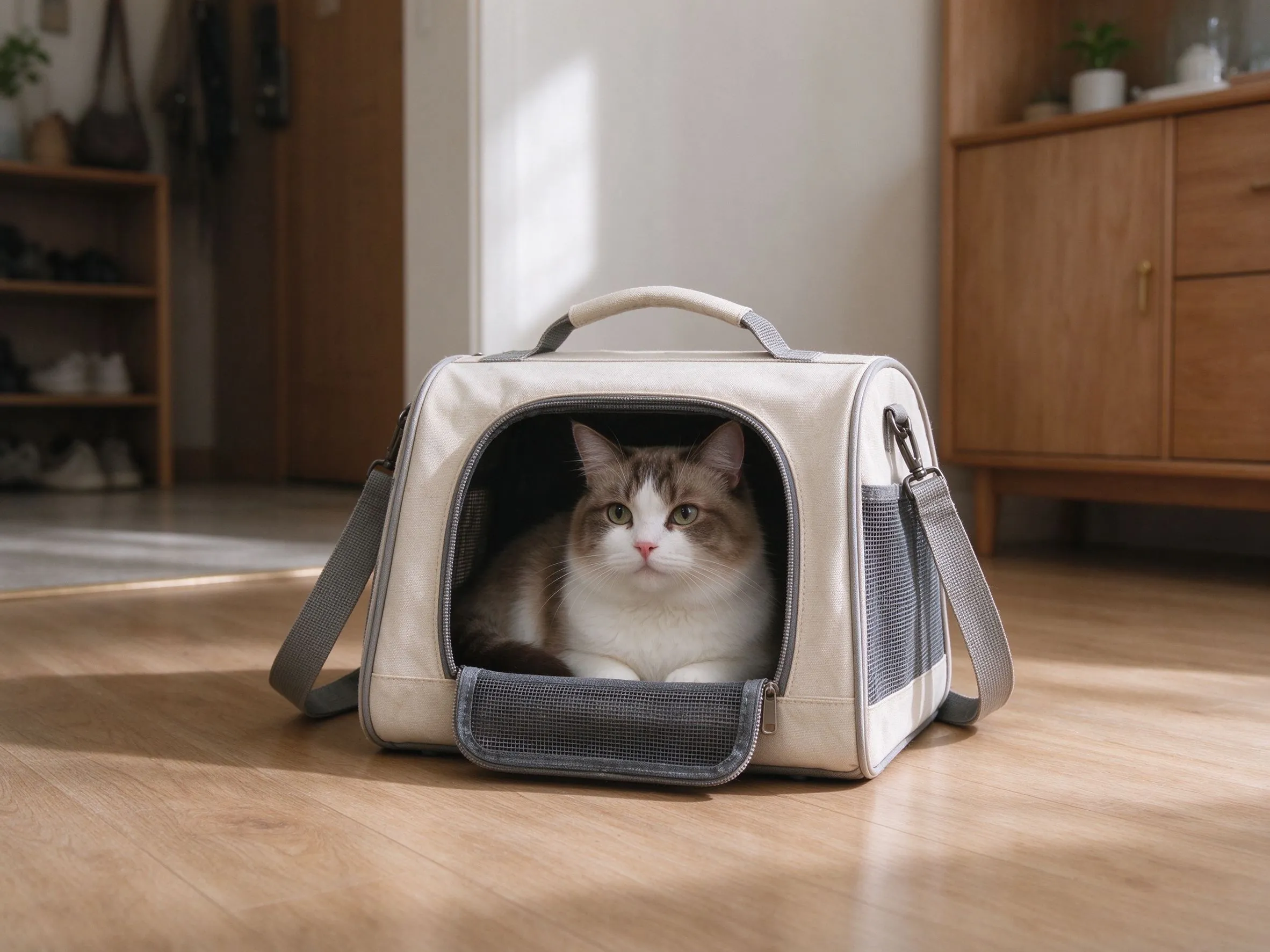 轻便帆布单肩宠物猫包放地板上里面一只猫安静待着的猫咪用品图片