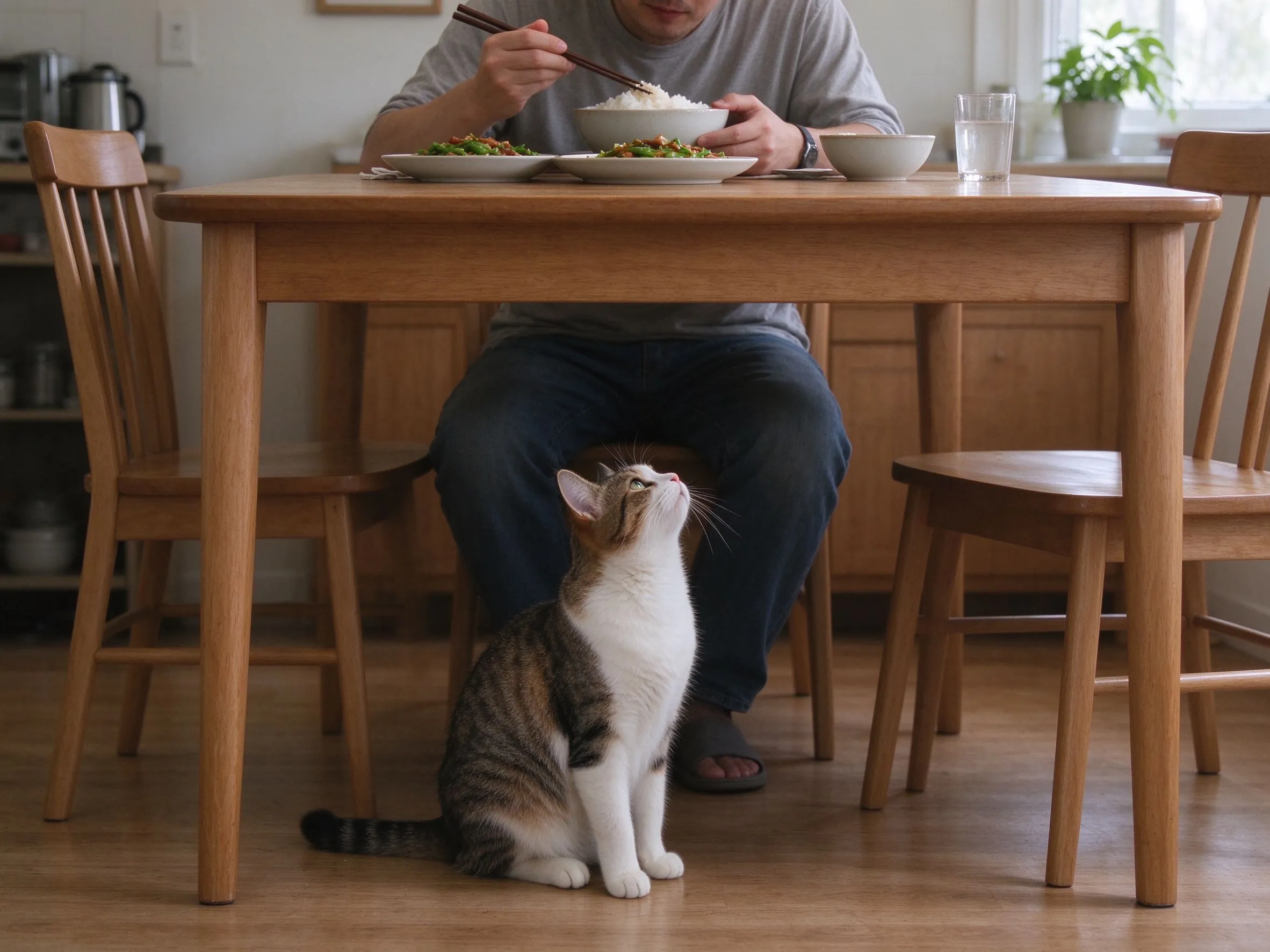一只猫坐在餐桌下方抬头看着桌上人吃饭的猫咪喂养图片