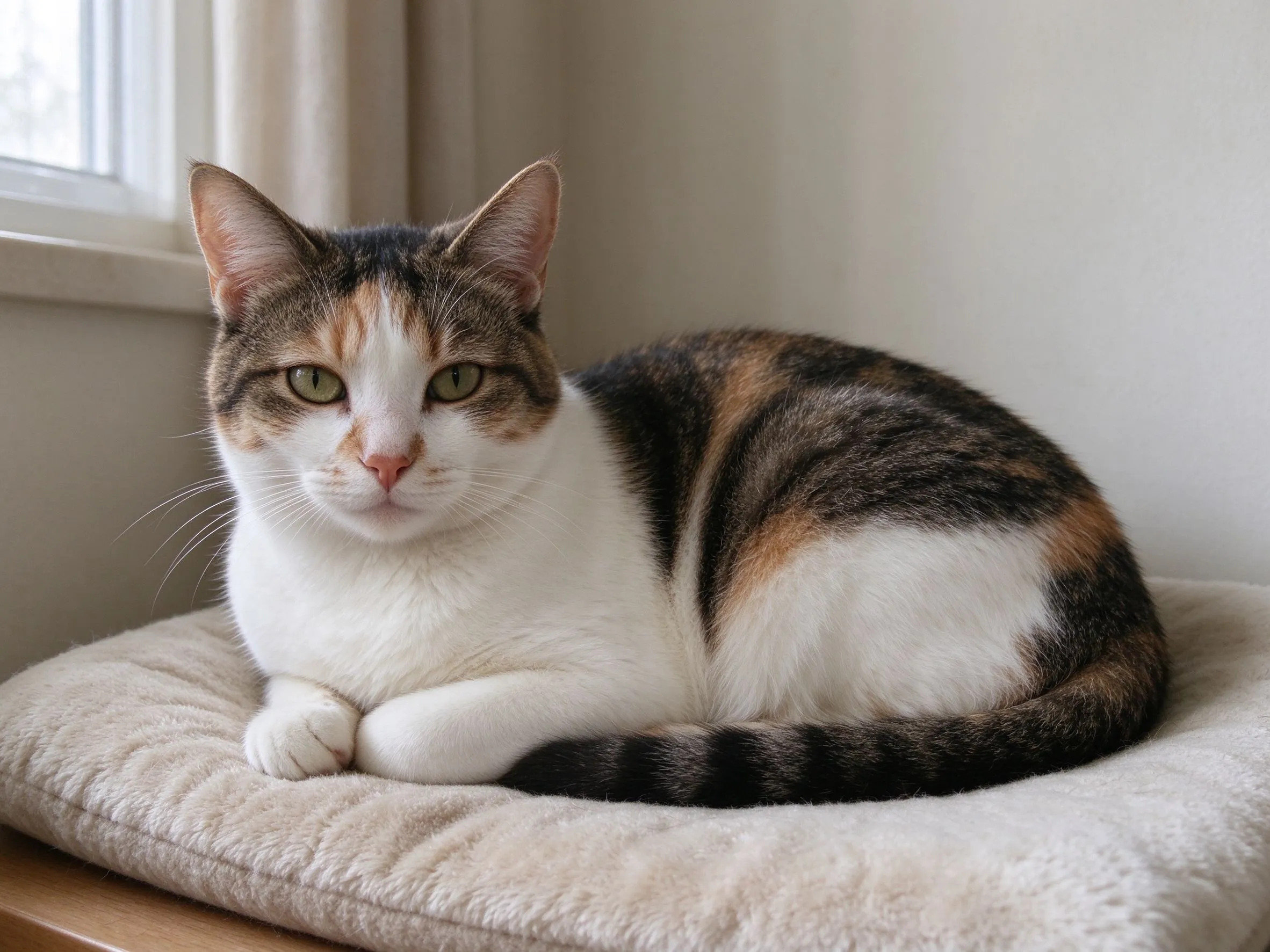一只母猫安静蜷缩趴在软垫上神情温顺的猫咪健康图片