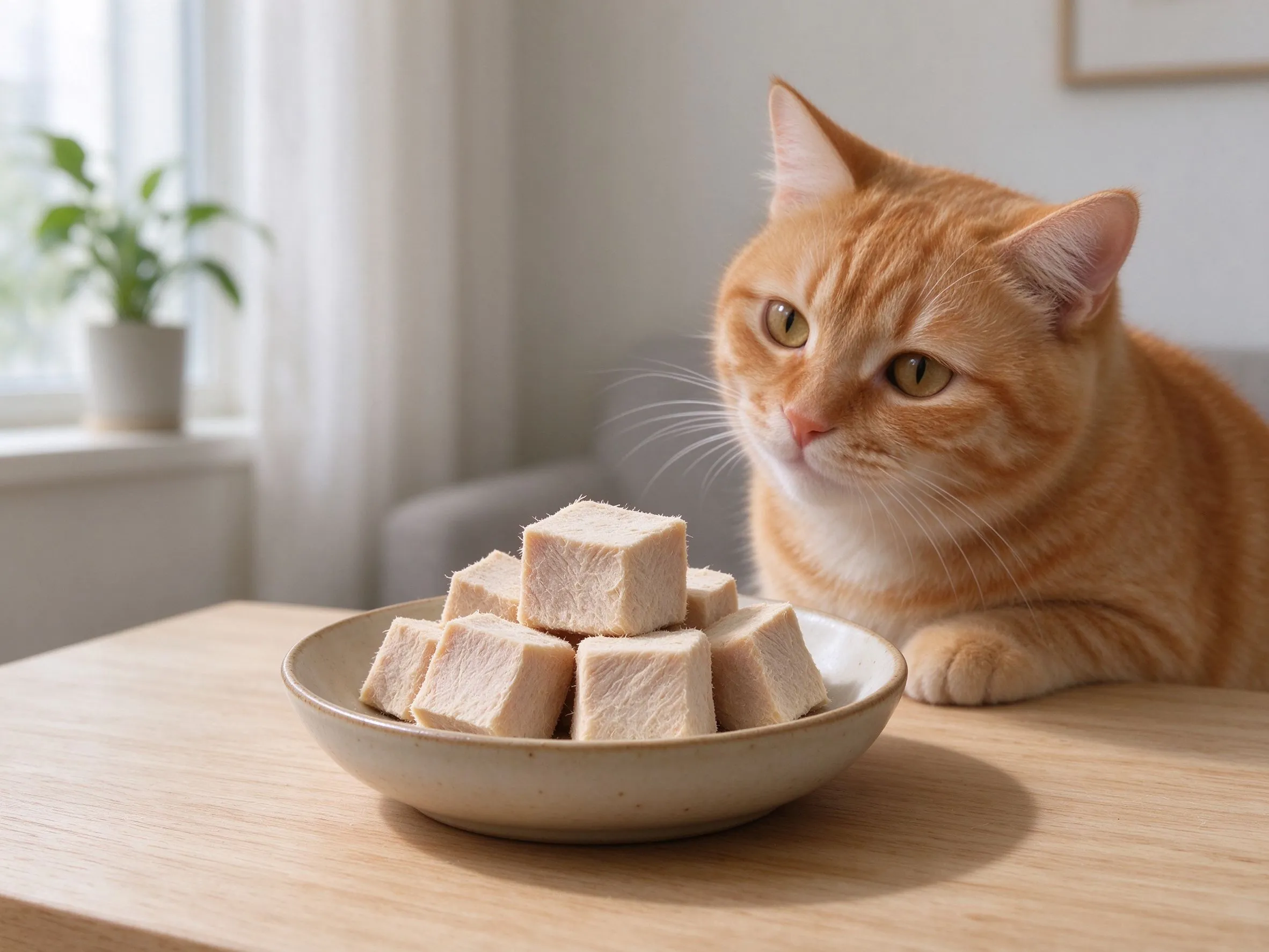碗里装着几块宠物冻干肉粒旁边一只橘猫歪头看的猫咪喂养图片