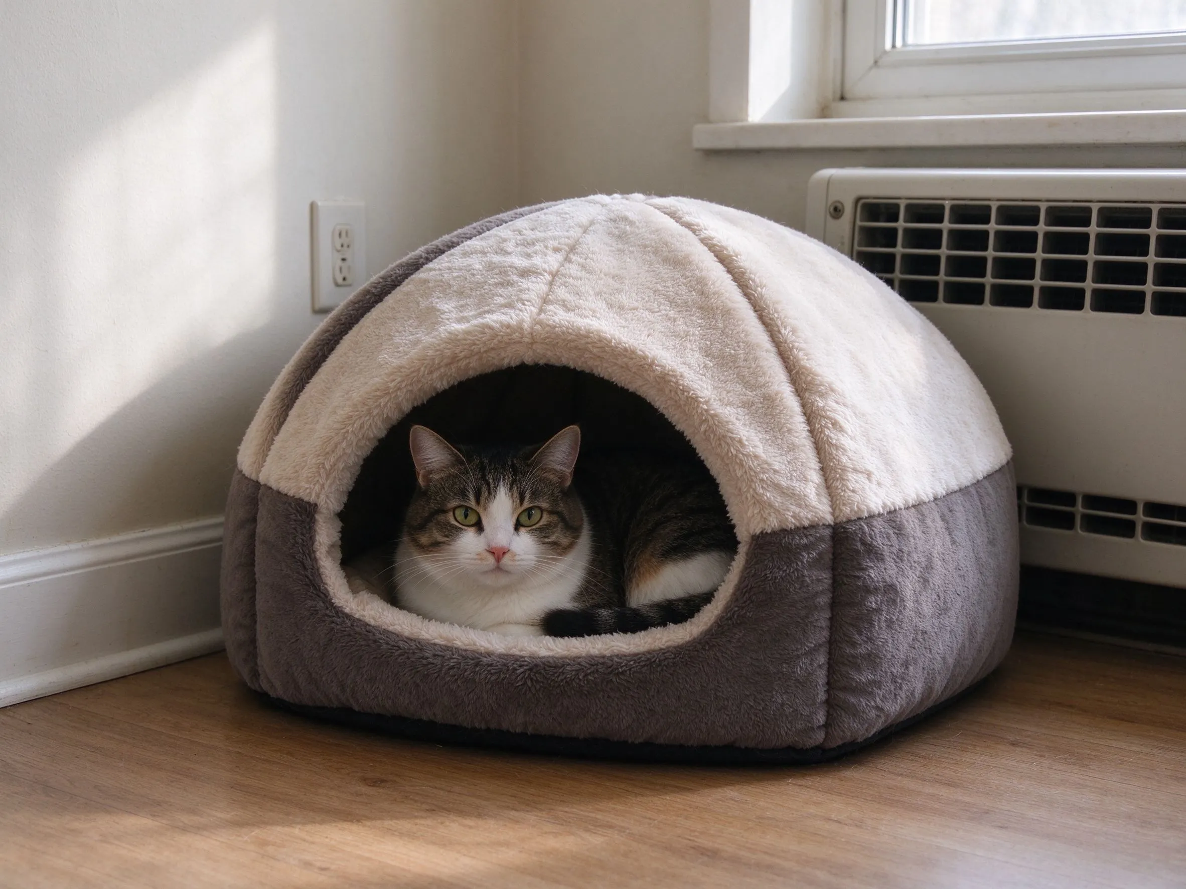 厚实保暖封闭式冬季猫窝放安静角落一只猫蜷在窝里露出脑袋的猫咪用品图片