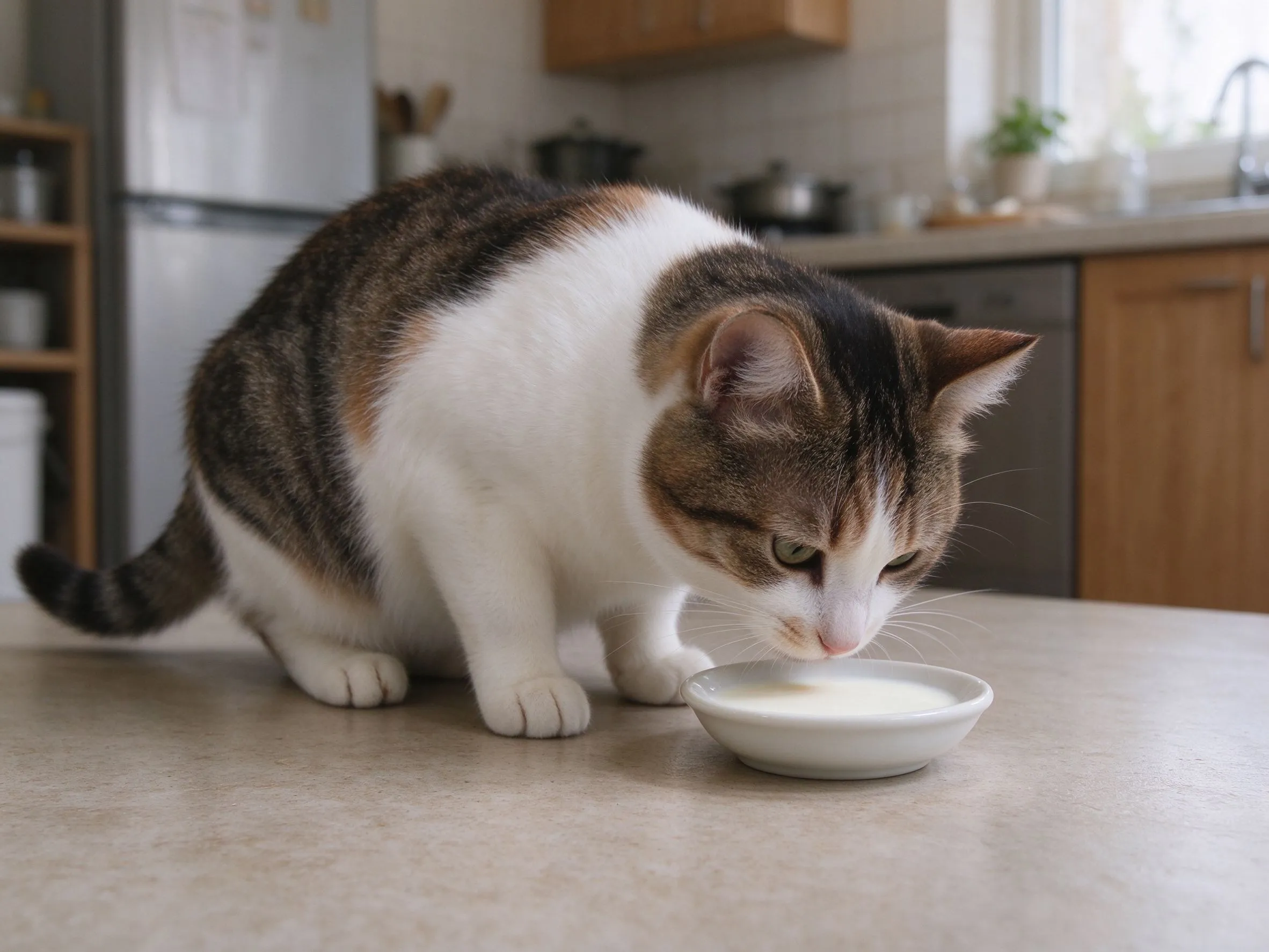 一只猫低头闻地上一小碟牛奶并不喝的猫咪喂养图片
